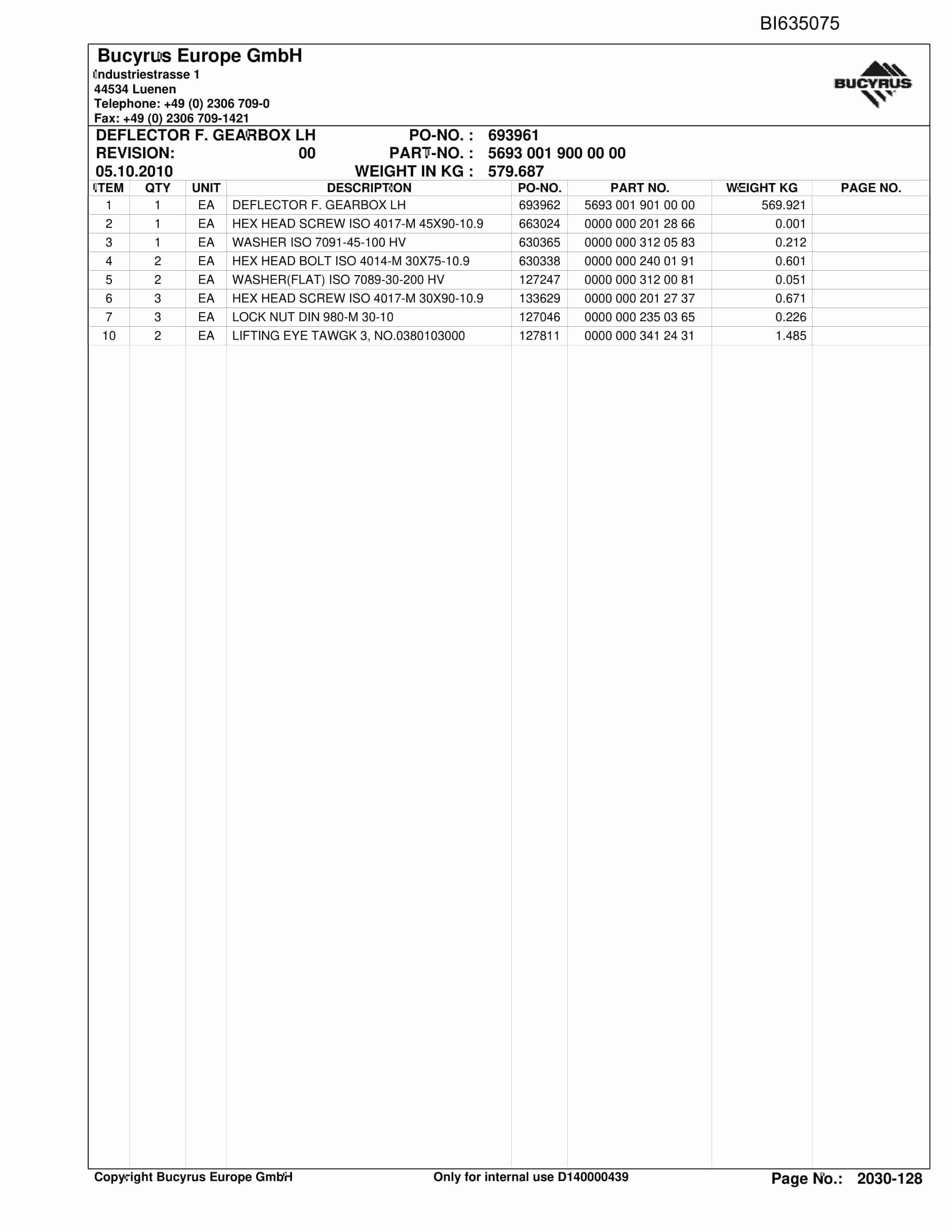 Bucyrus Conveyor System DONGZHOUYAO (LTCC) Parts Catalog BI635075-5