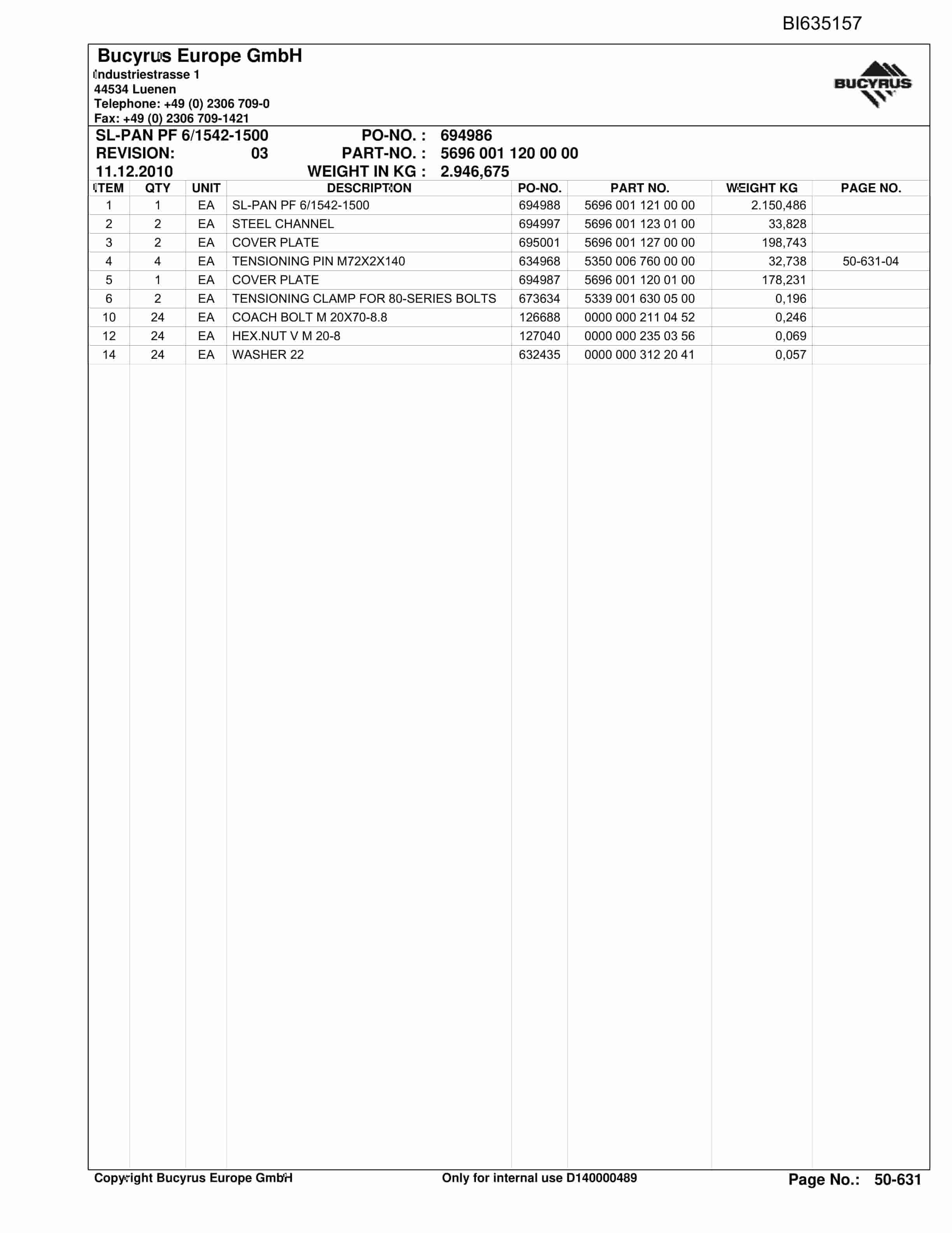 Bucyrus ConveyorSystem MAJIALIANG II Parts Catalog BI635157-5