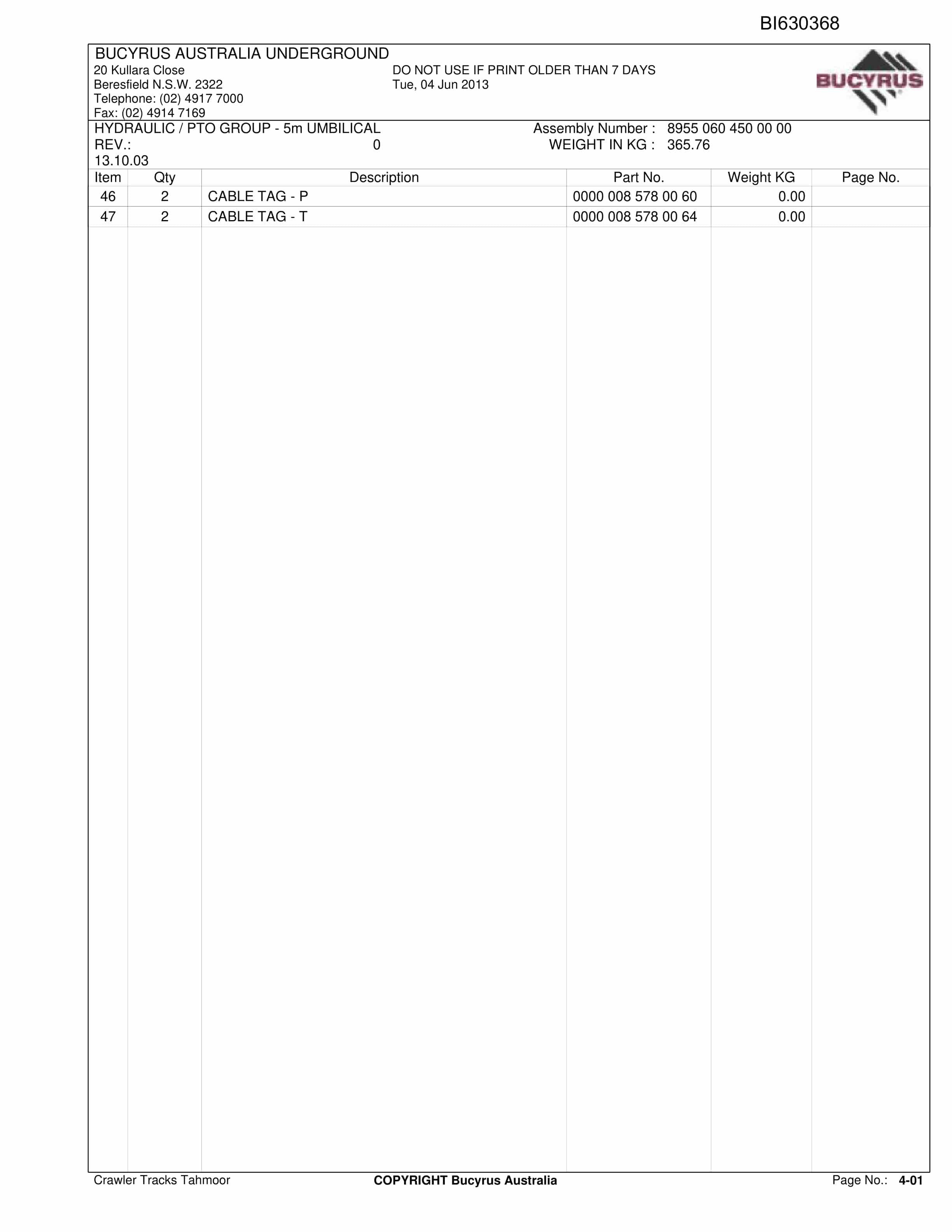 Bucyrus Crawler Tracks Tahmoor Parts Catalog BI630368-4