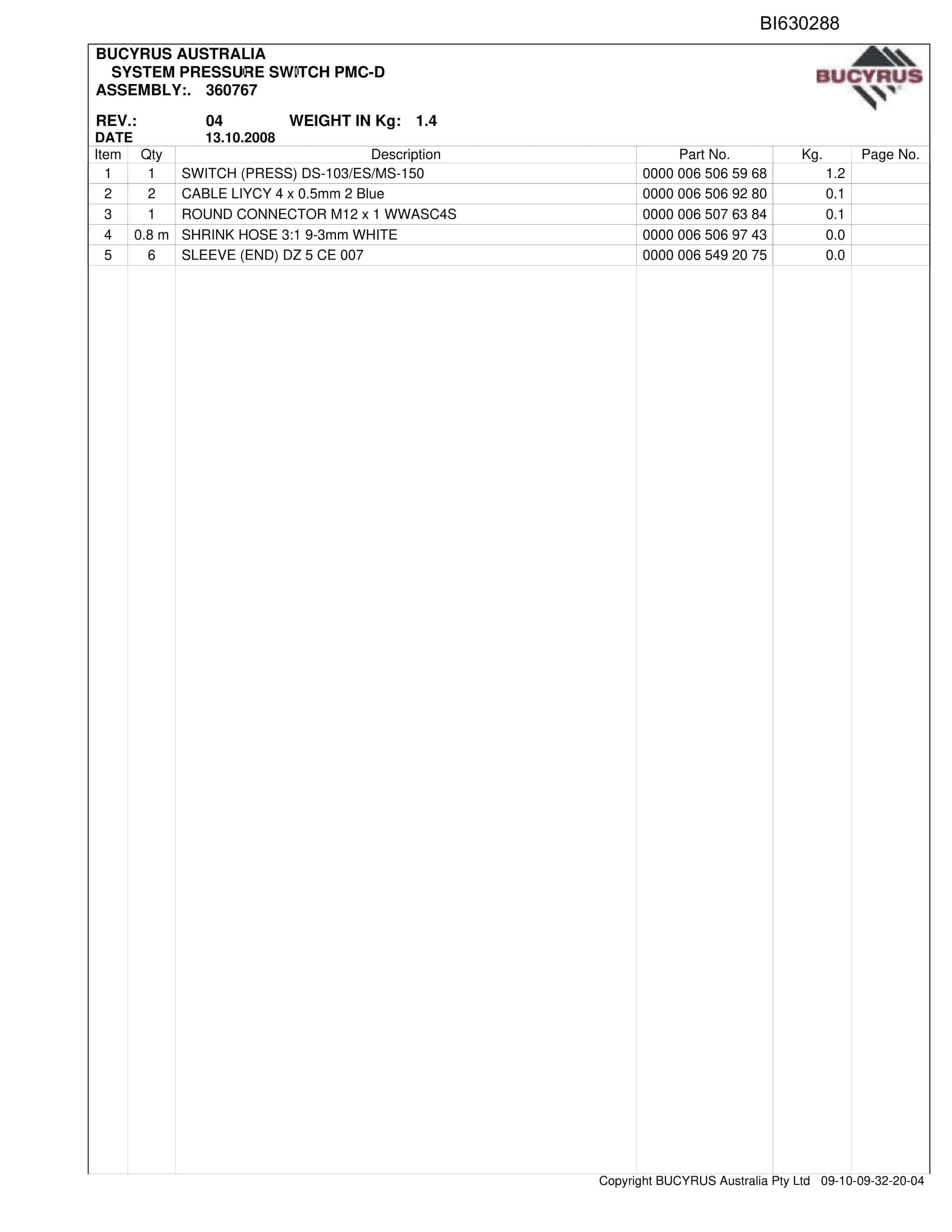 Bucyrus Crinum Set 2 AFC Panline 2009 Parts Catalog BI630288-3