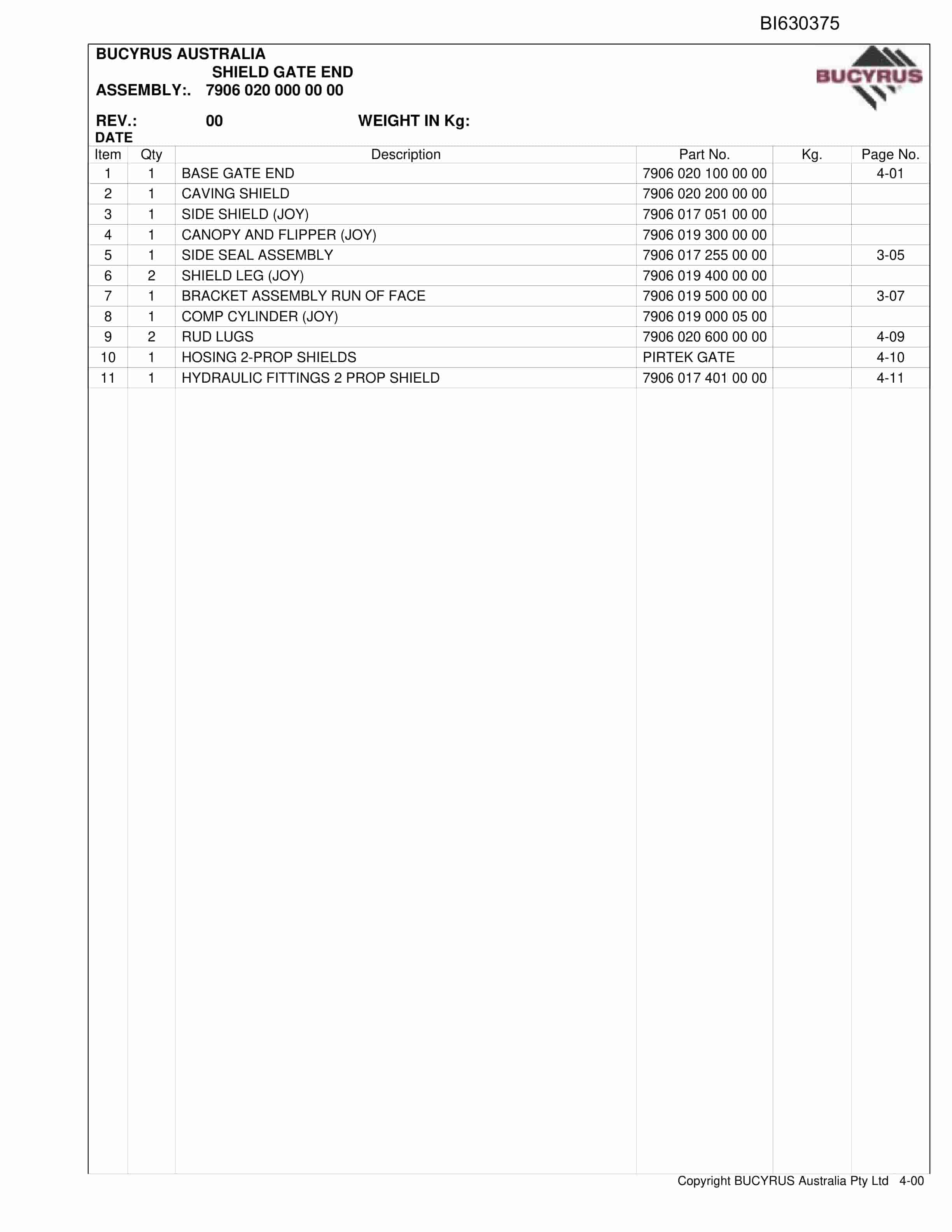 Bucyrus Crinum Shield Upgrade 2008 Parts Catalog BI630375-3