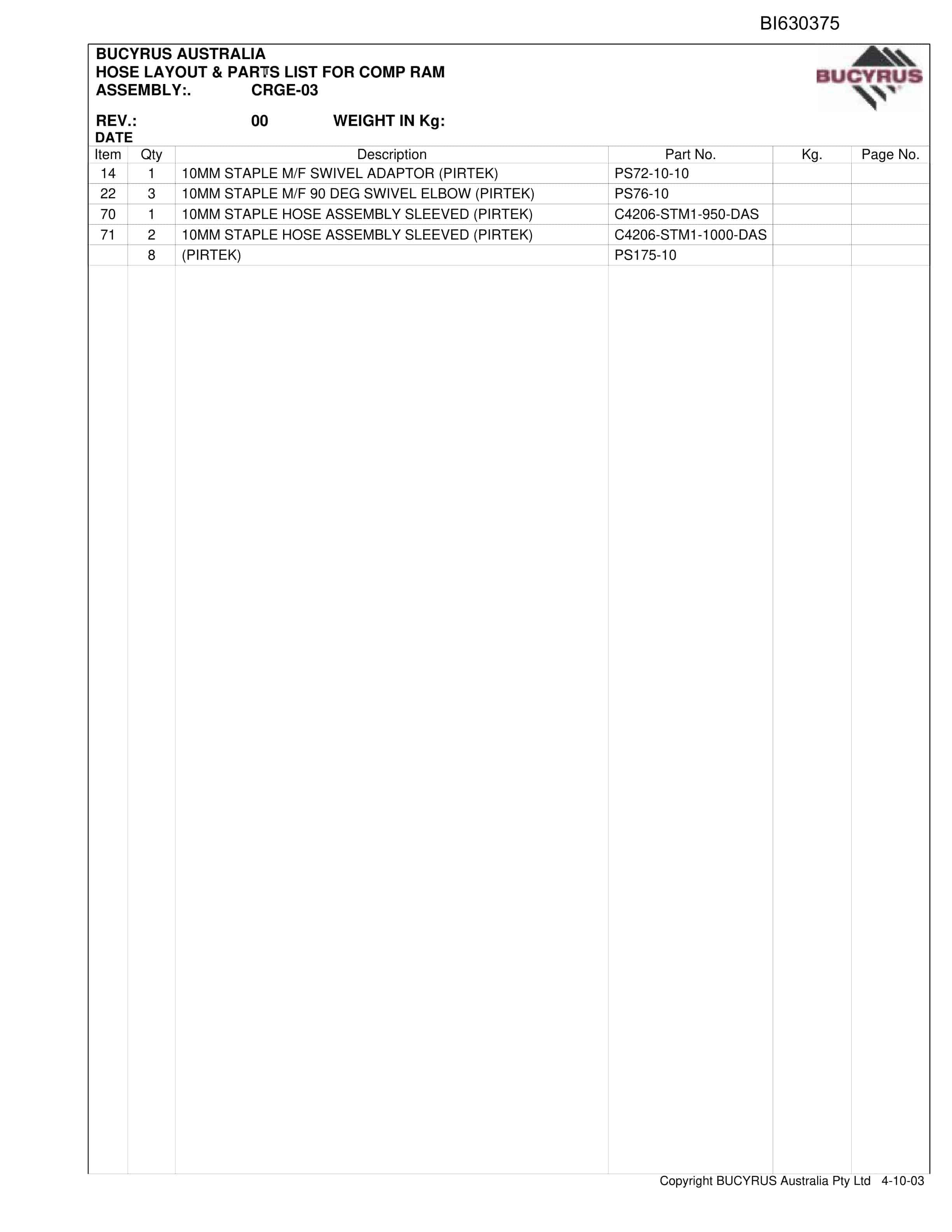 Bucyrus Crinum Shield Upgrade 2008 Parts Catalog BI630375-4