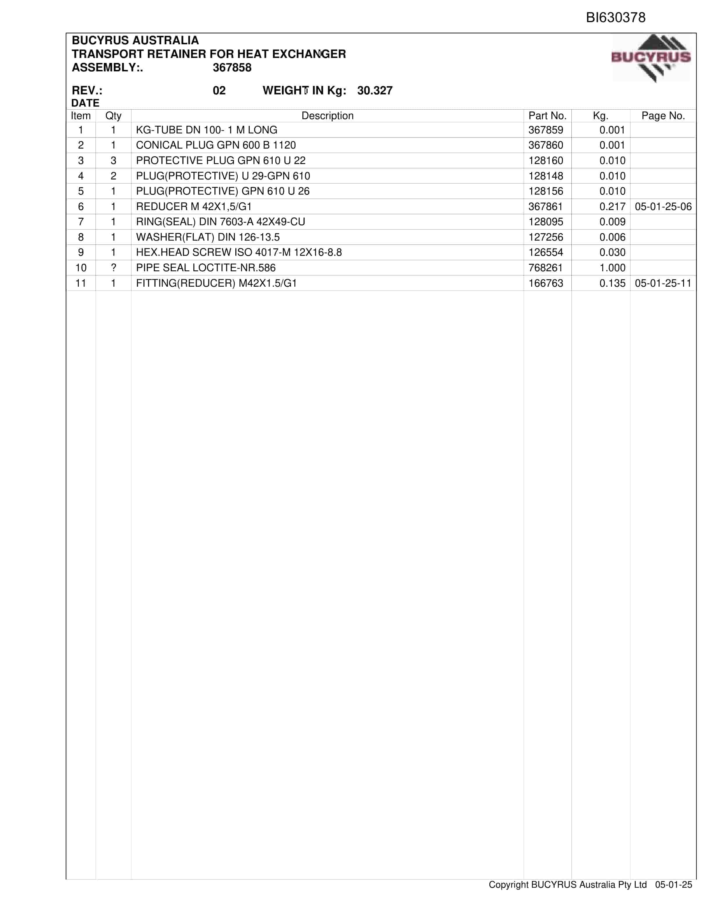 Bucyrus Crusher Gearbox K20B Parts Catalog BI630378-3