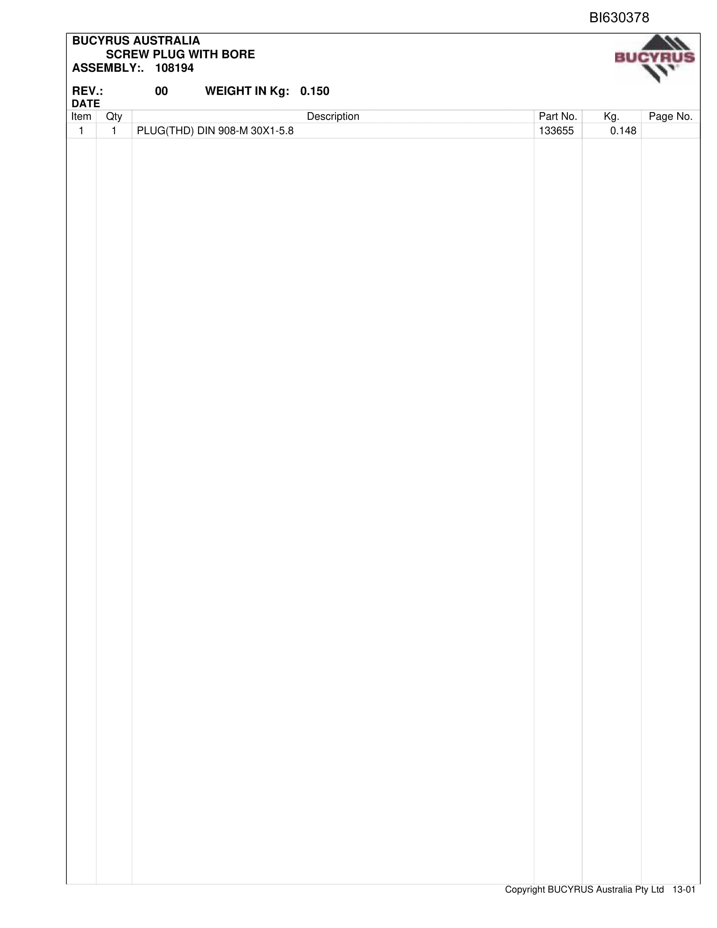 Bucyrus Crusher Gearbox K20B Parts Catalog BI630378-5