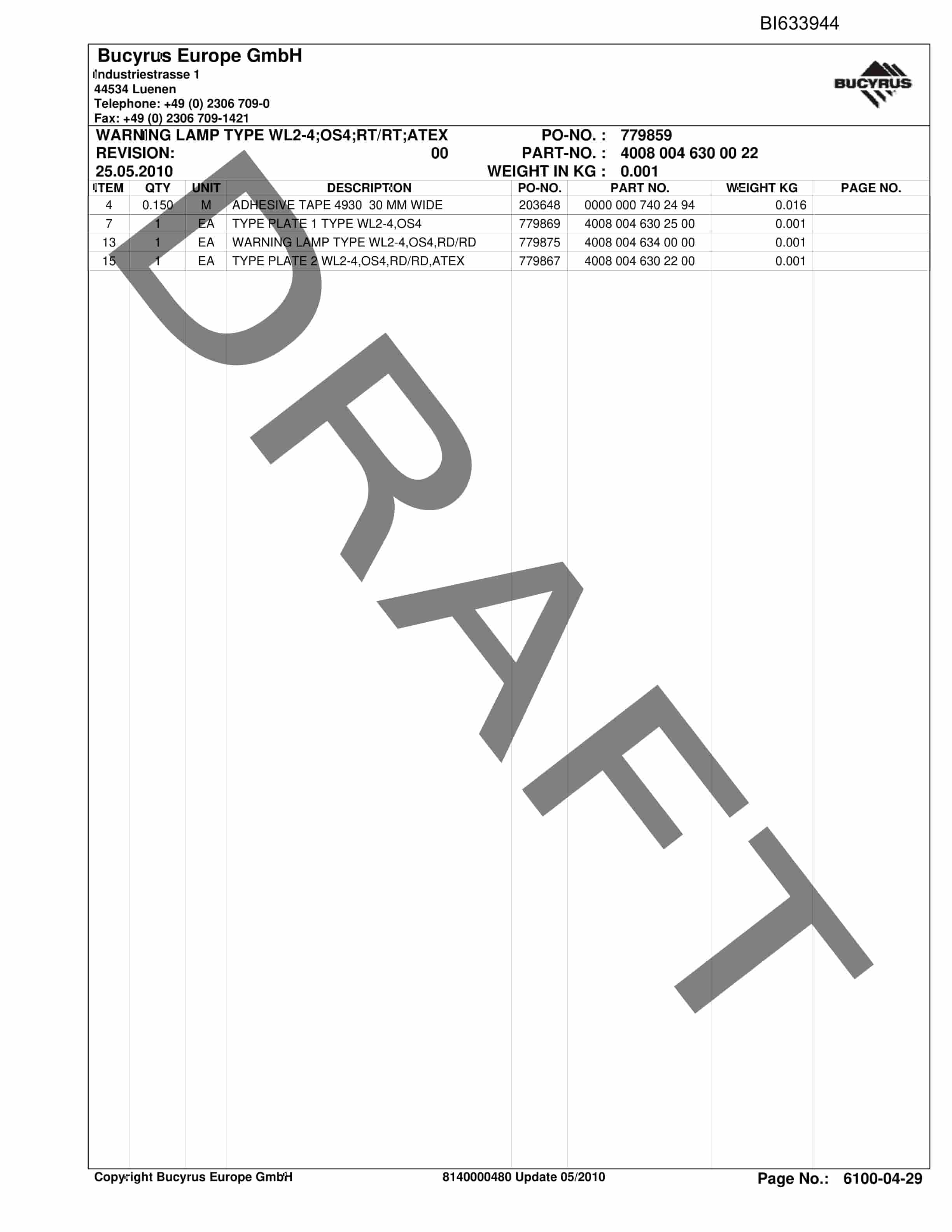 Bucyrus CSA Shearer Parts Catalog BI633944-5