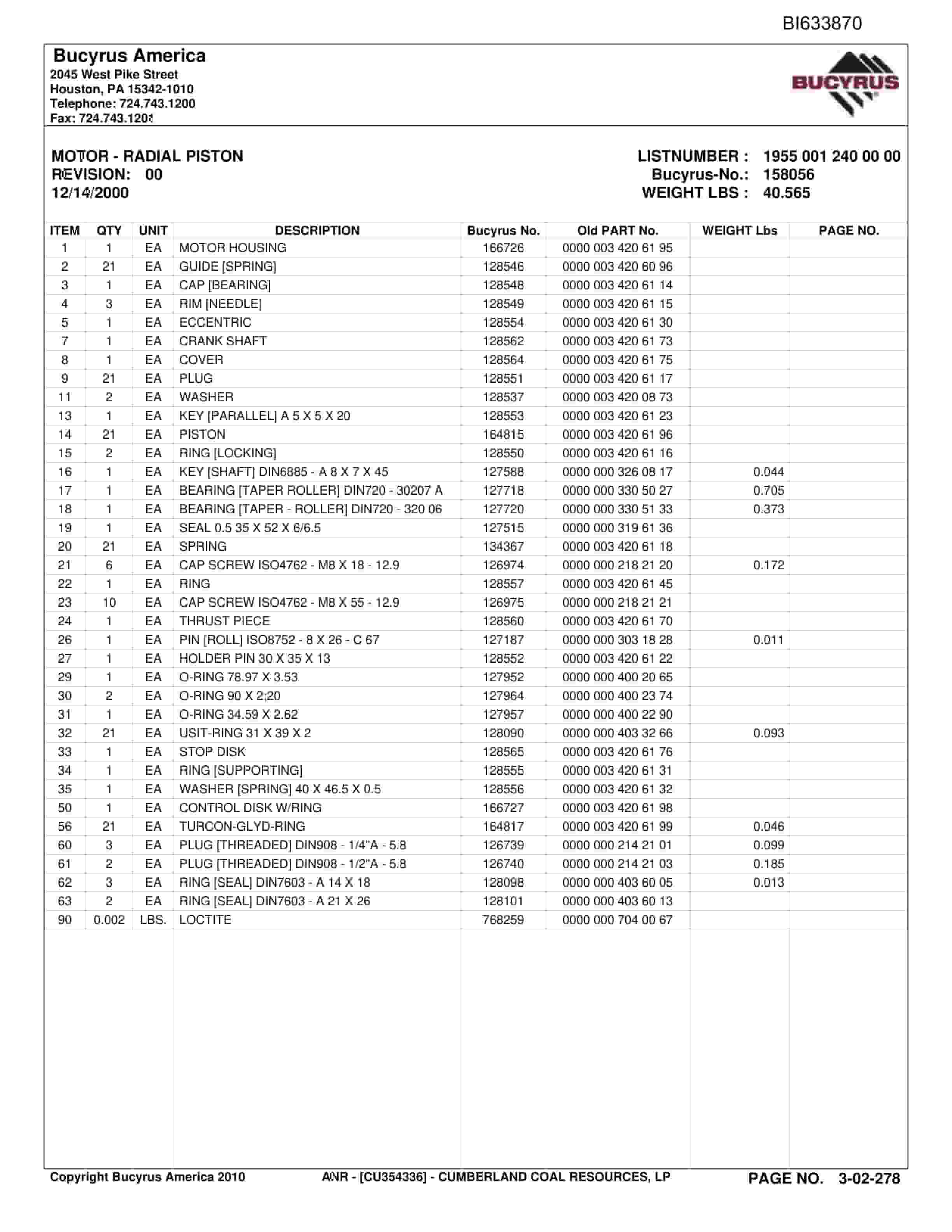 Bucyrus Cumberland Coal Resources Parts Catalog BI633870-2