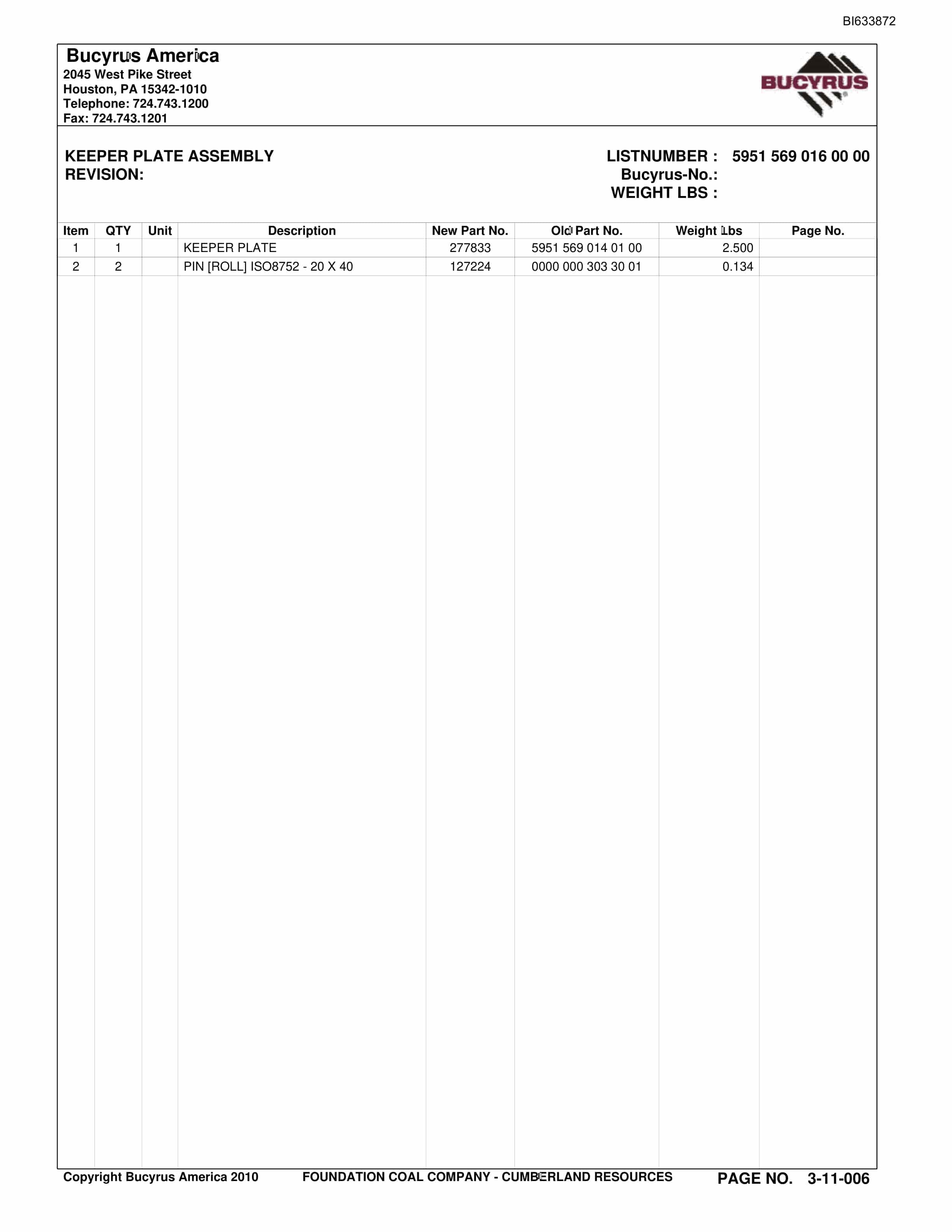 Bucyrus Cumberland Coal Resources Parts Catalog BI633872-4
