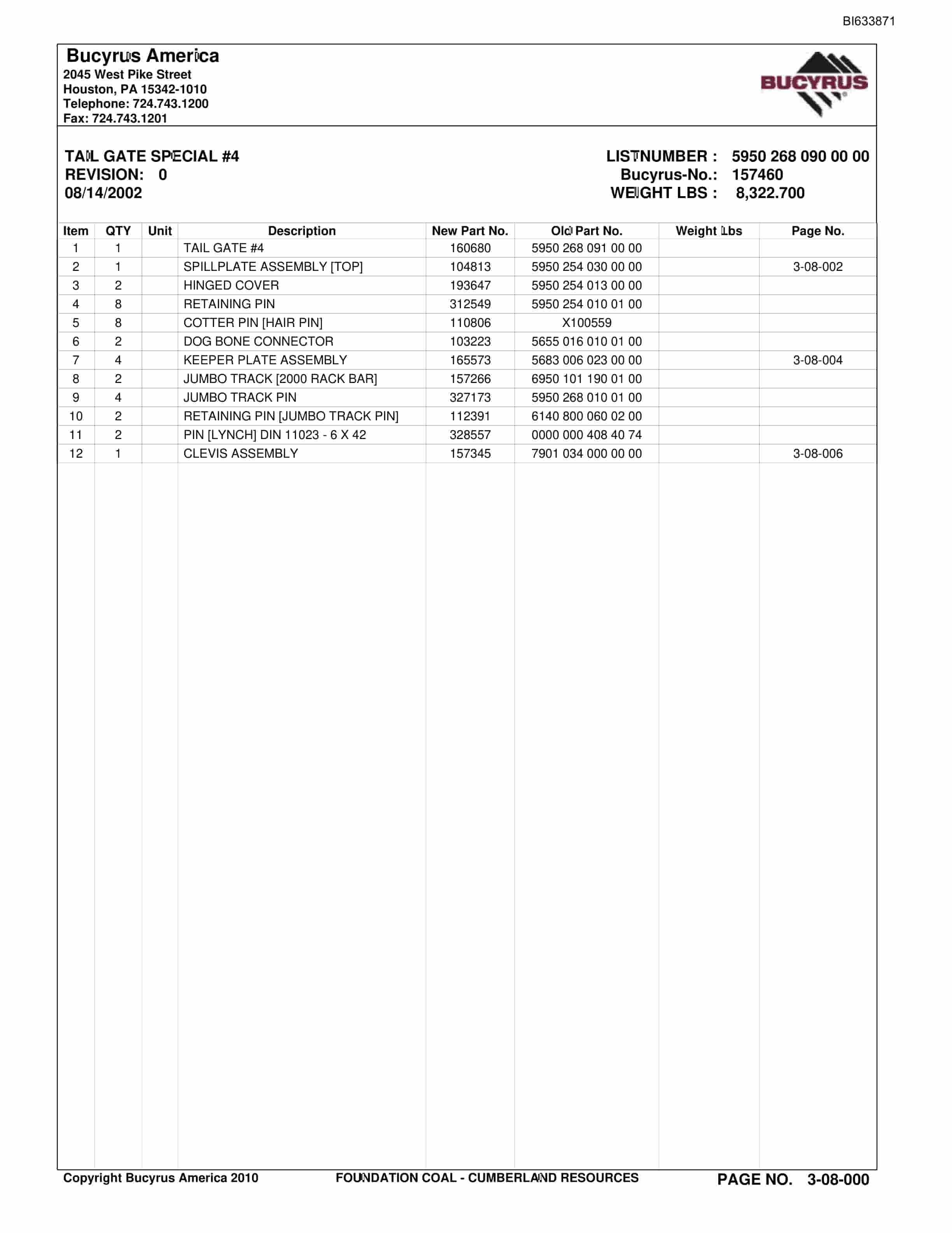 Bucyrus Cumberland Mine Parts Catalog BI633871-2