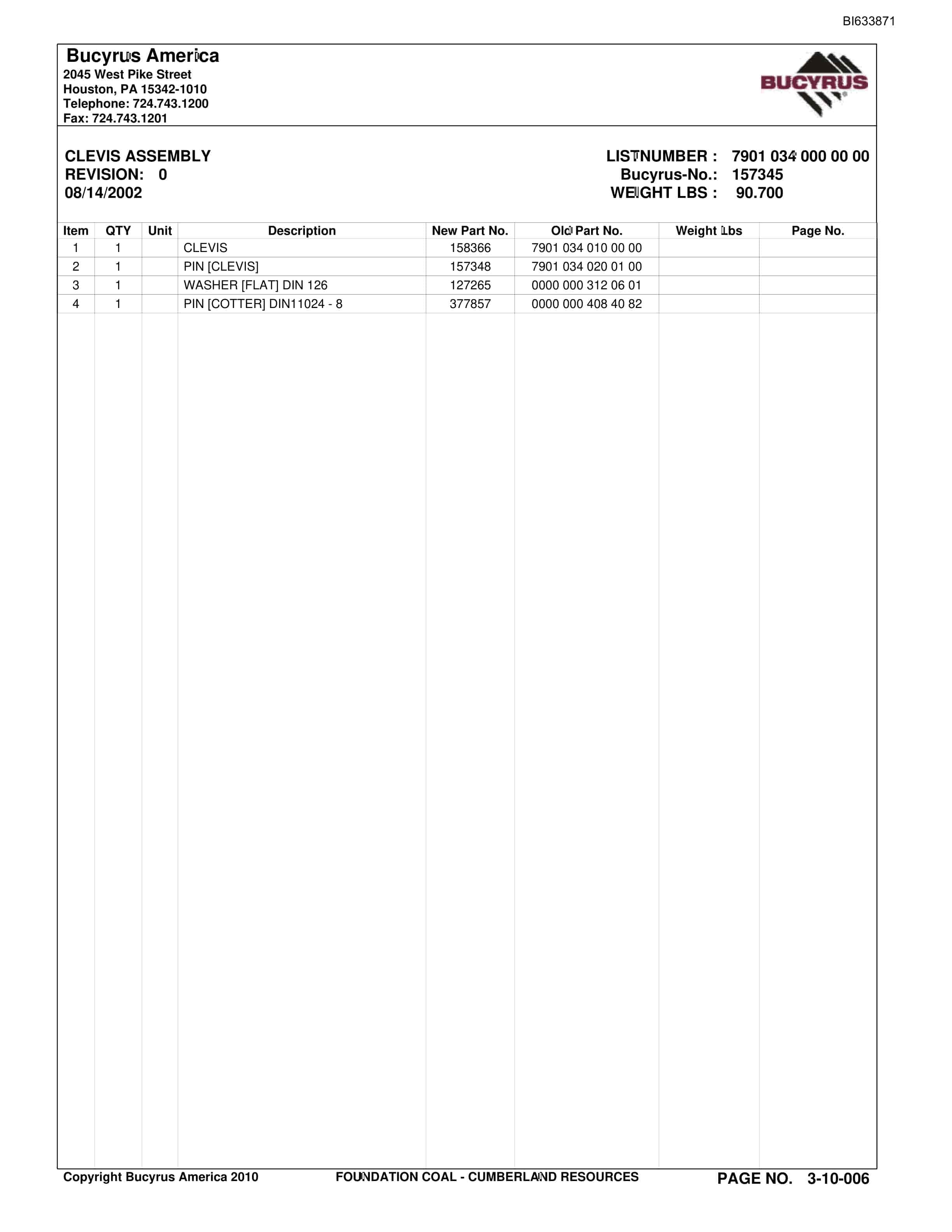 Bucyrus Cumberland Mine Parts Catalog BI633871-3