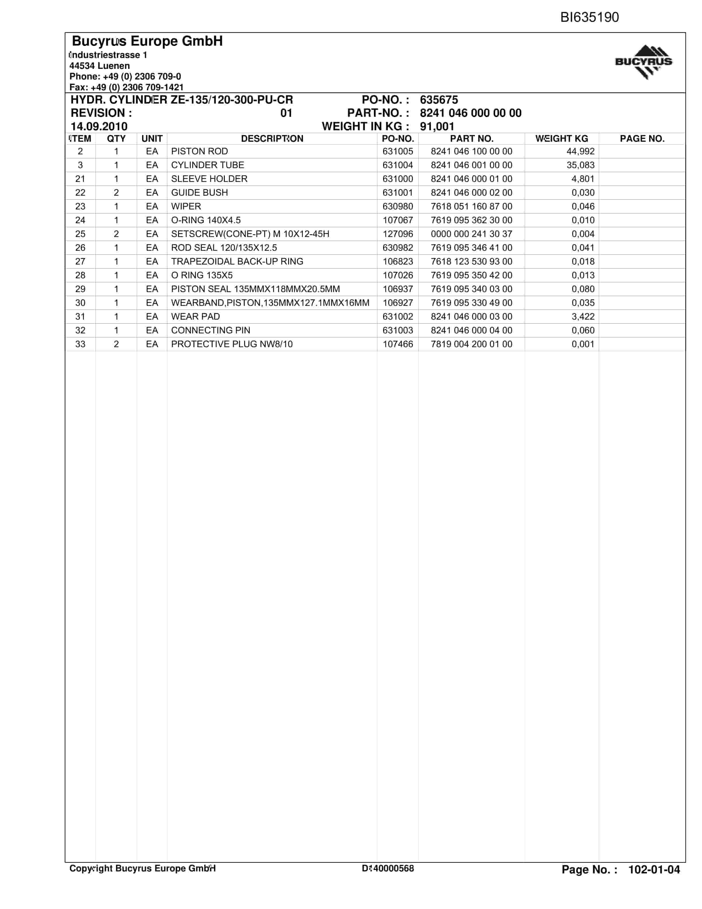 Bucyrus DANING ShieldSupport And Supply Parts Catalog BI635190-2