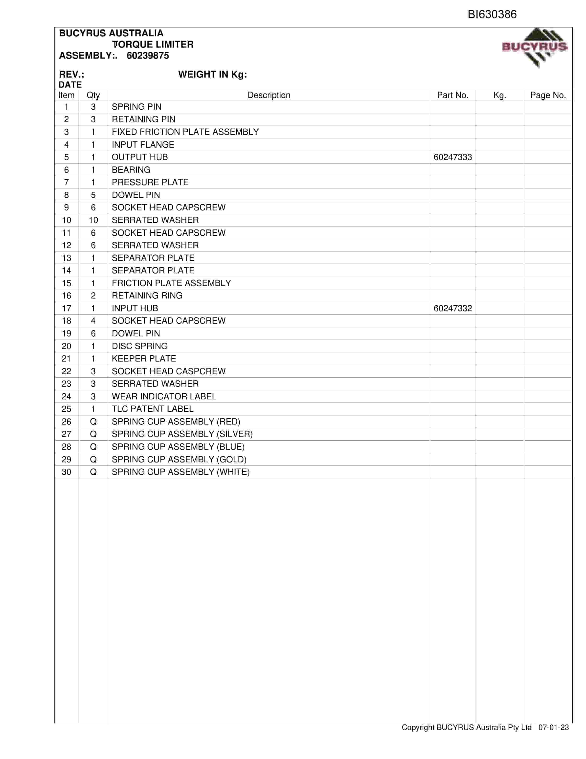 Bucyrus Dash 3 Miner Gujarat Parts Catalog BI630386-3