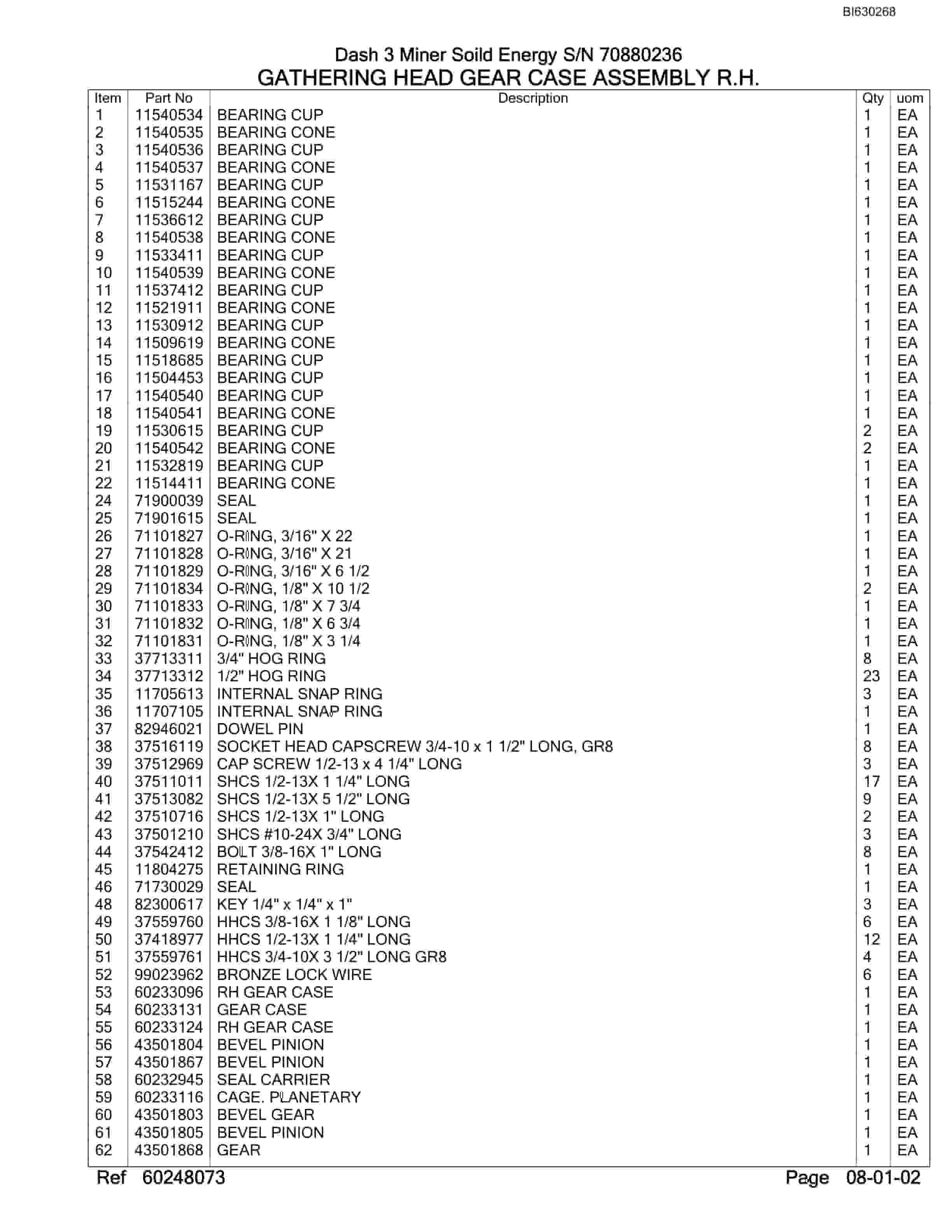 Bucyrus Dash 3 Miner Parts Manual BI630268-5