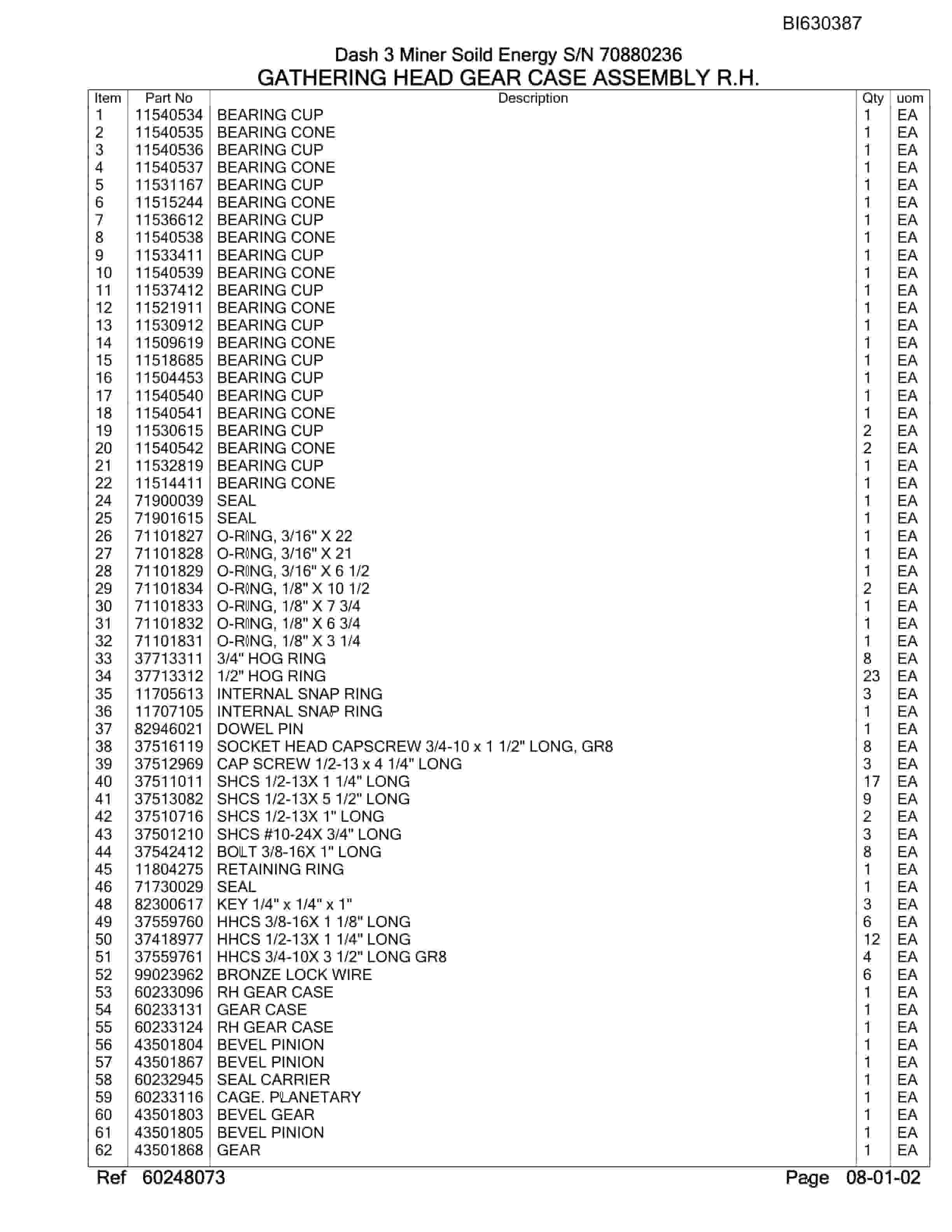 Bucyrus Dash 3 Miner Soild Energy Parts Catalog BI630387-5