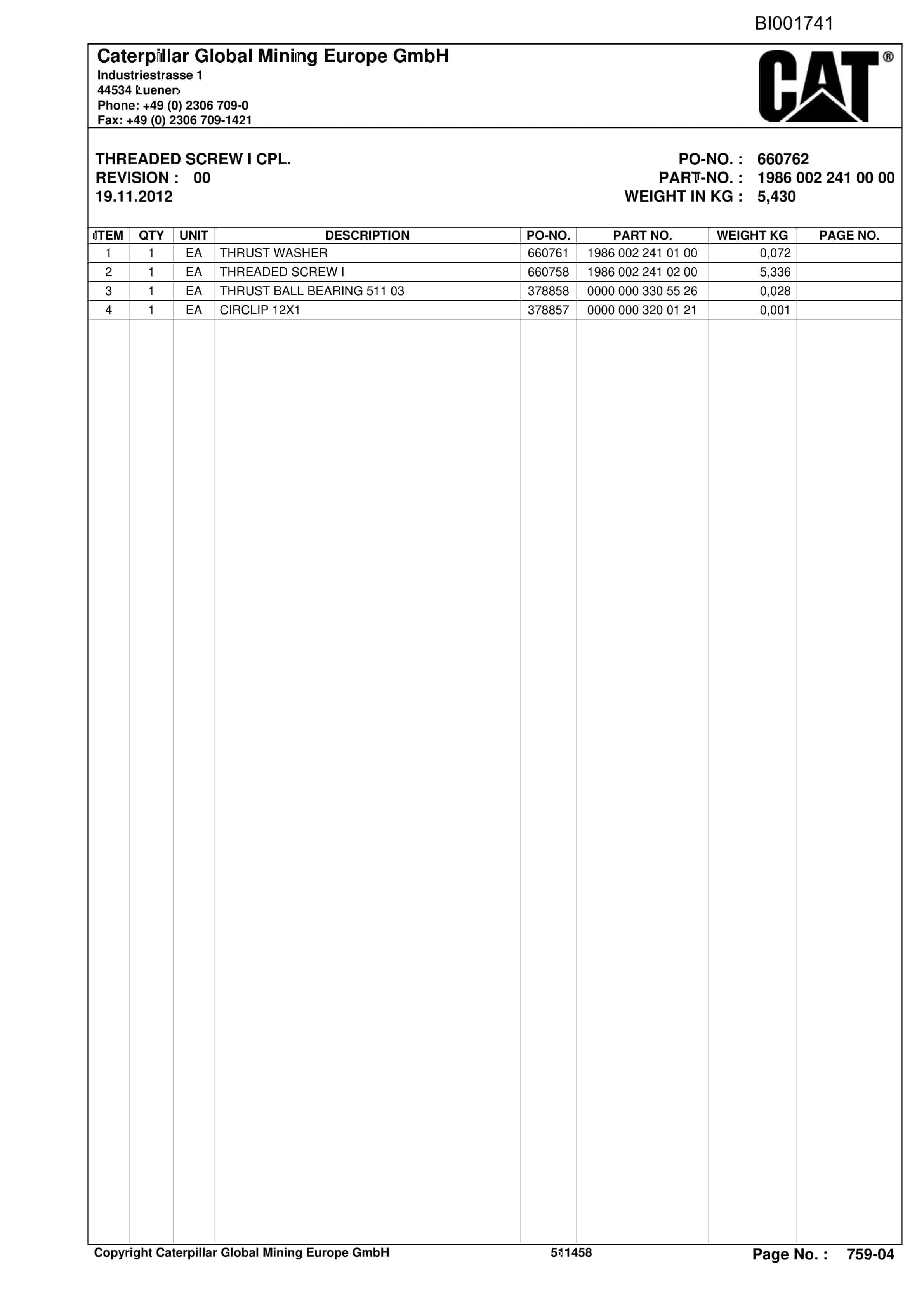 Bucyrus DATONG TASHAN 6, SBSL PF 6-1542 Parts Catalog BI001741-3
