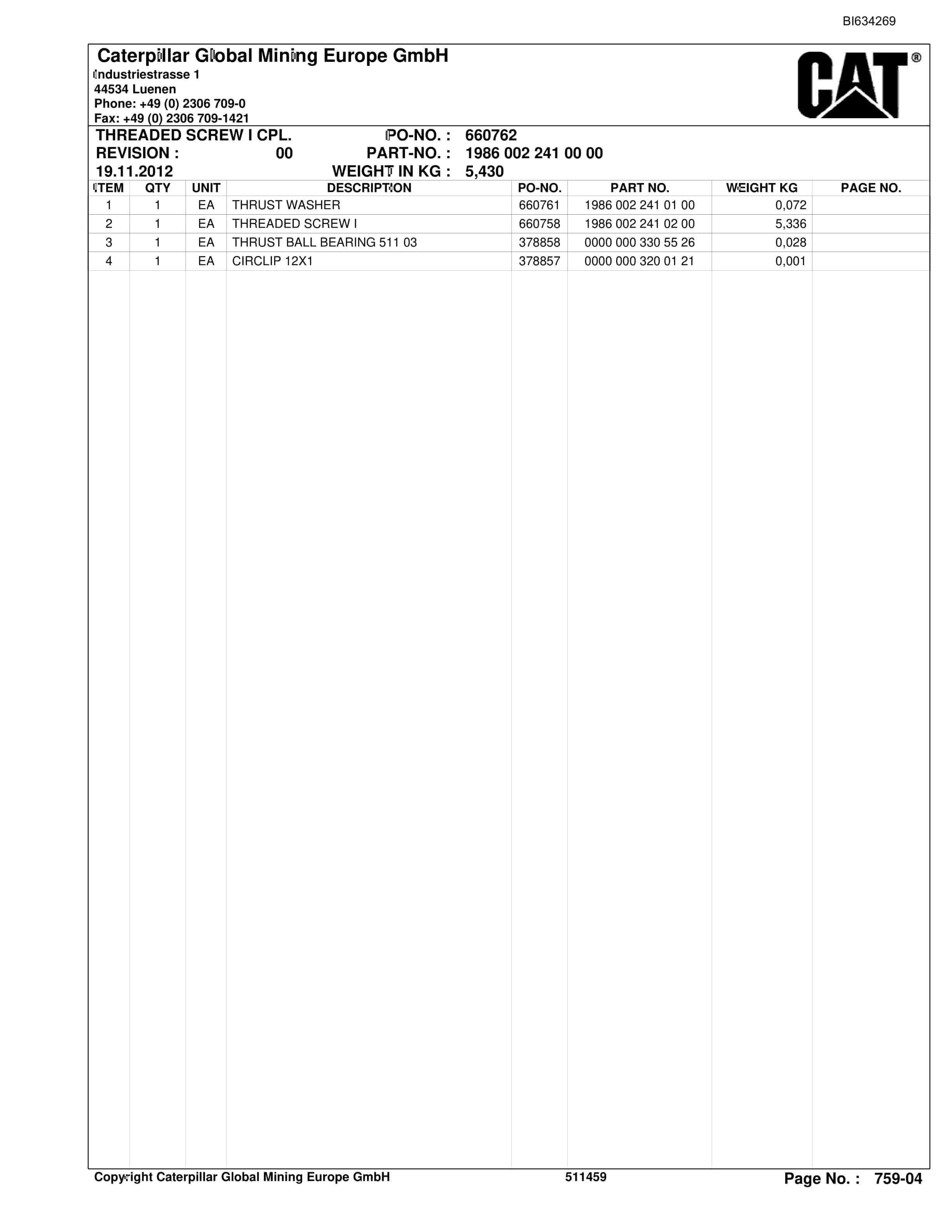 Bucyrus DATONG TASHAN 7, SBSL PF 6-1542 Parts Catalog BI634269-3