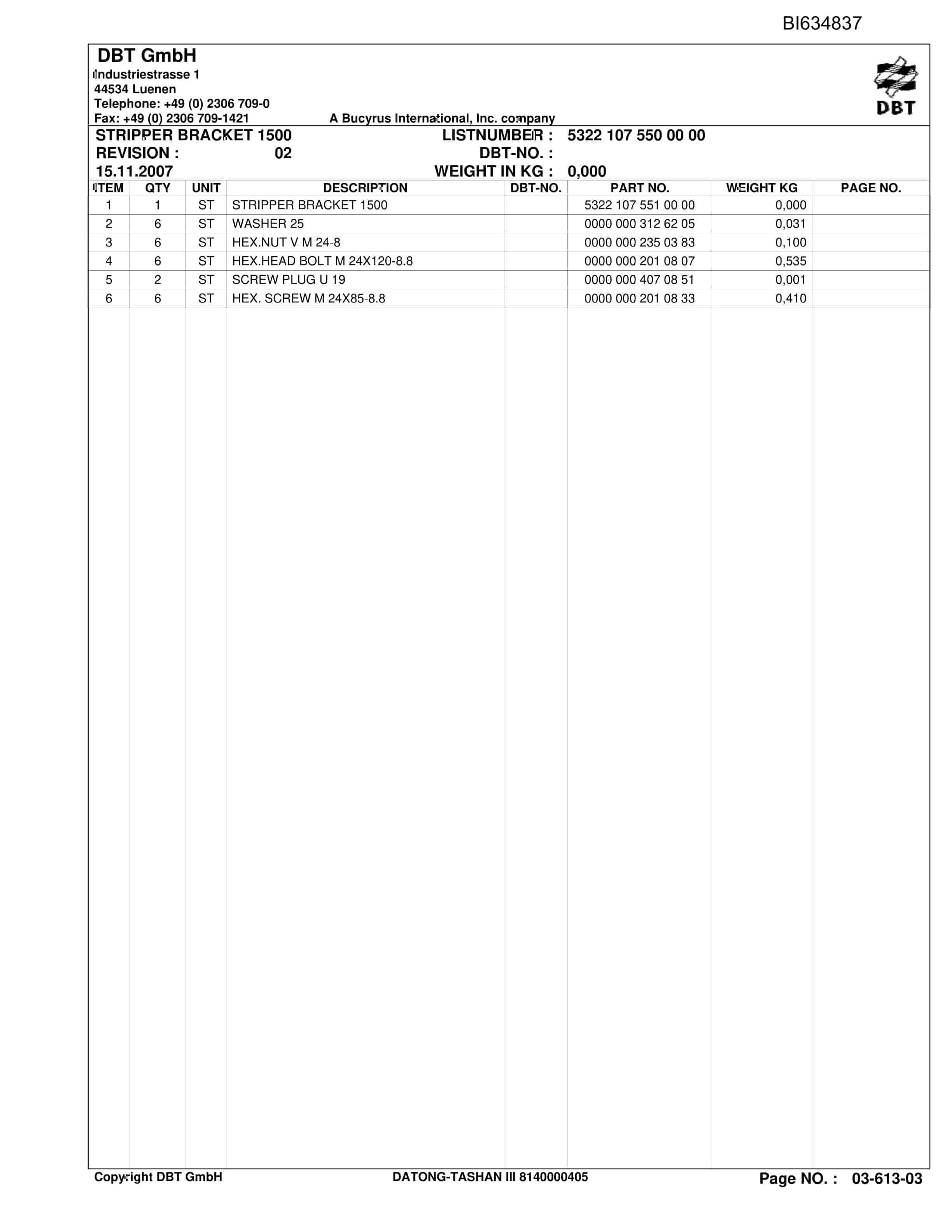 Bucyrus DATONG-TASHAN III, SH-AFC PF 6-1142 Parts Catalog BI634837-2