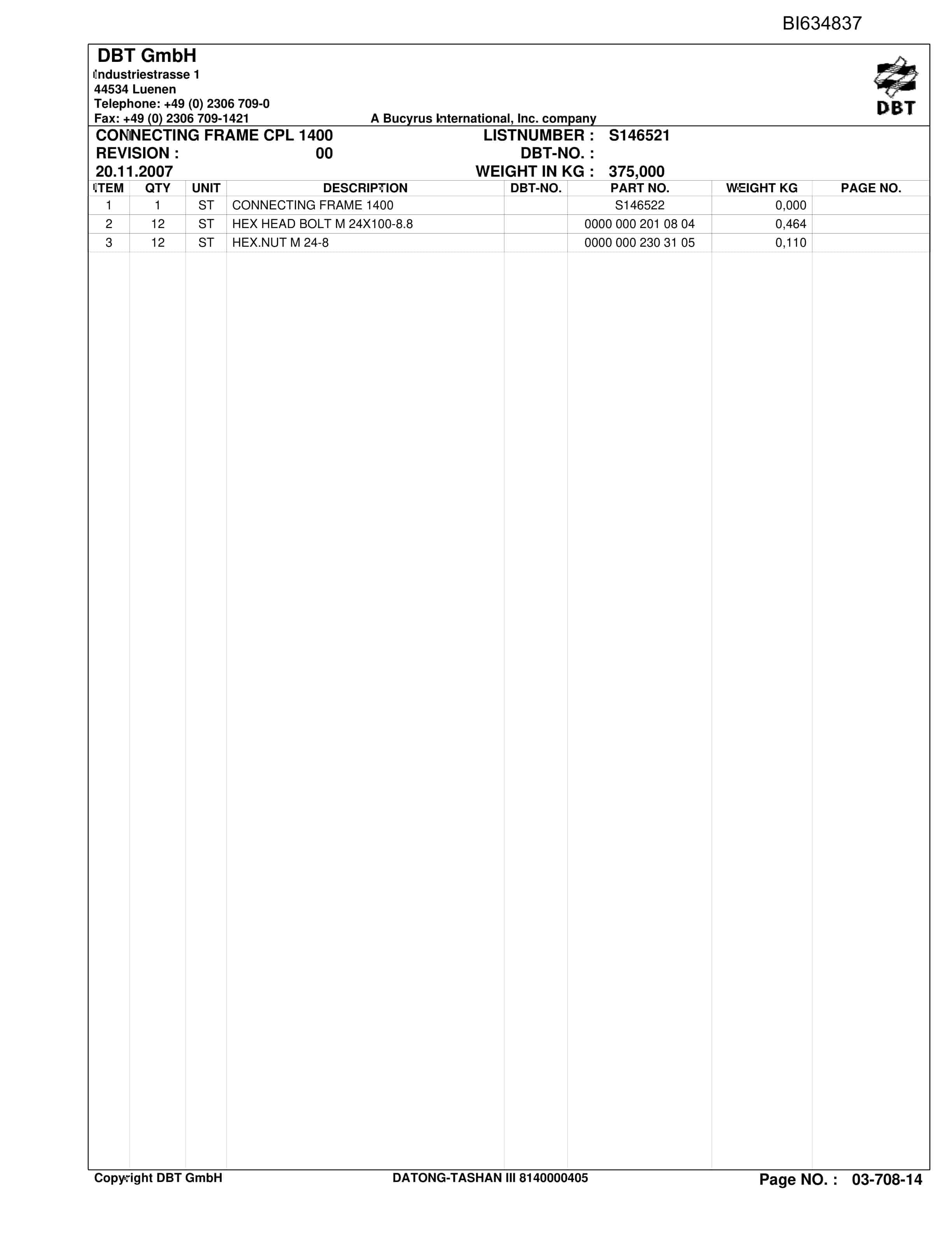 Bucyrus DATONG-TASHAN III, SH-AFC PF 6-1142 Parts Catalog BI634837-4