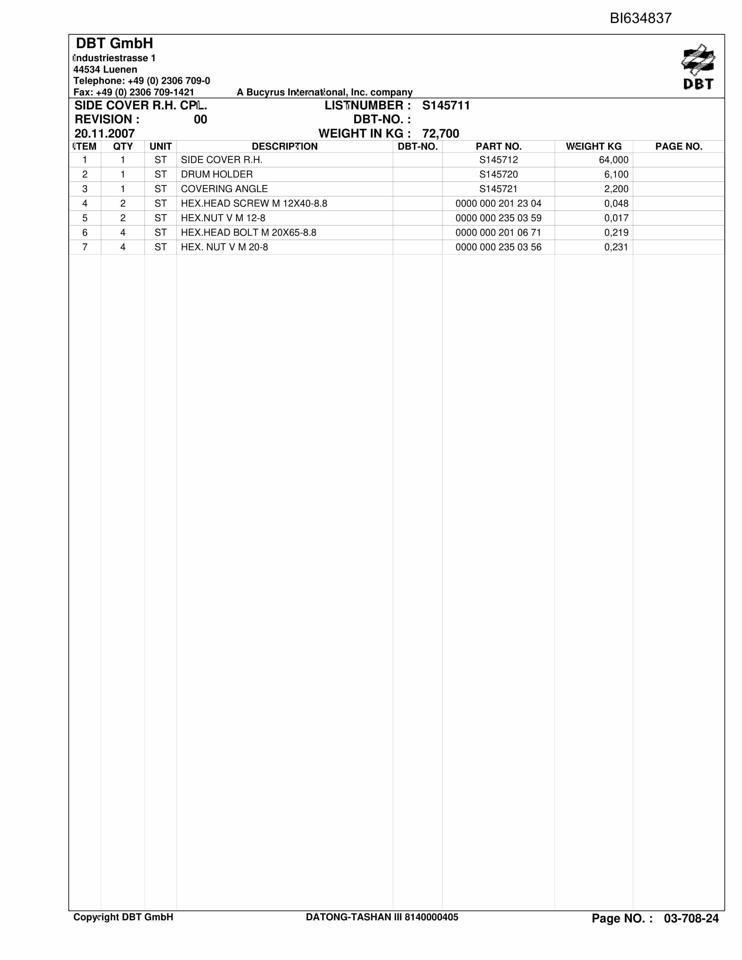 Bucyrus DATONG-TASHAN III, SH-AFC PF 6-1142 Parts Catalog BI634837-5