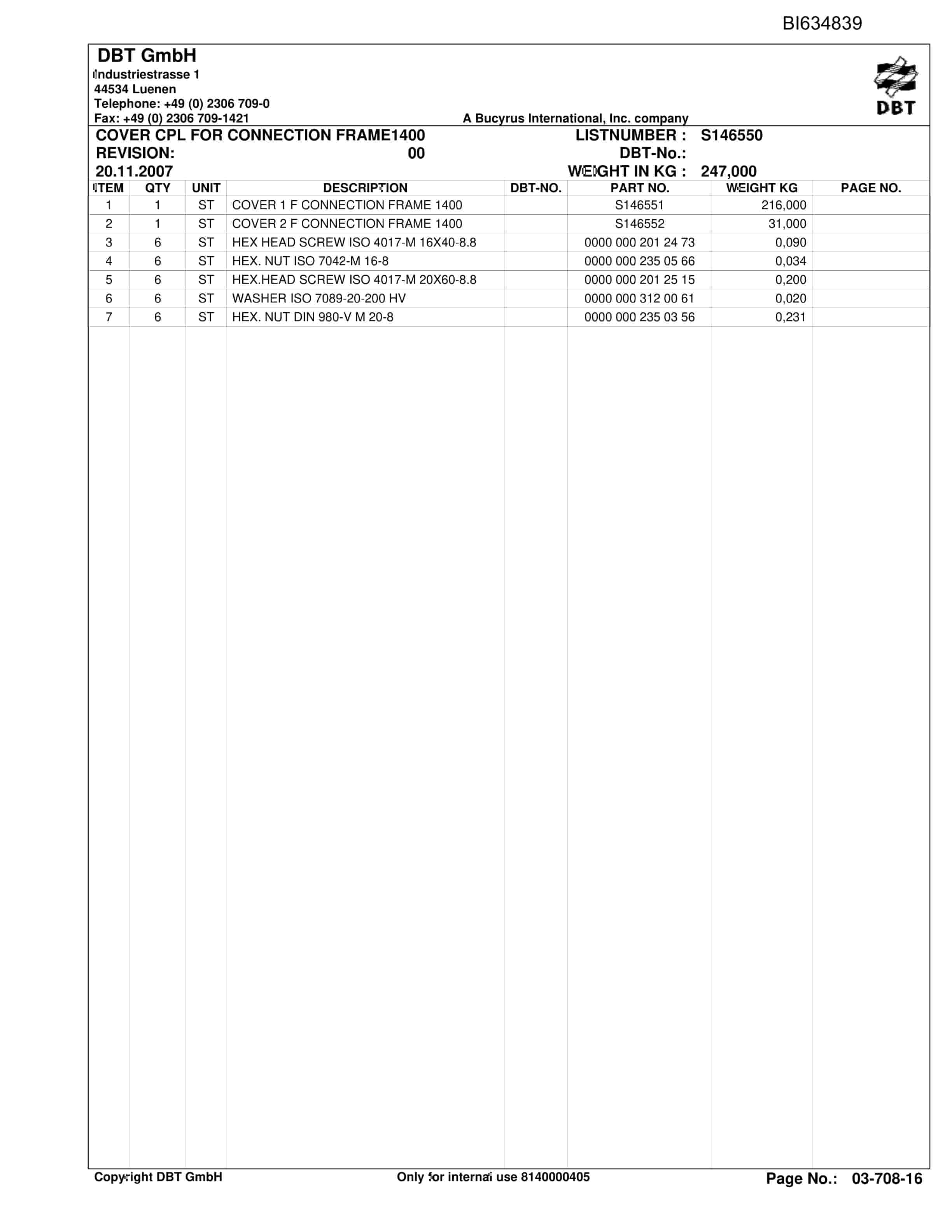 Bucyrus DATONG-TASHAN III, SH-AFC PF 6-1142 Parts Catalog BI634839-4
