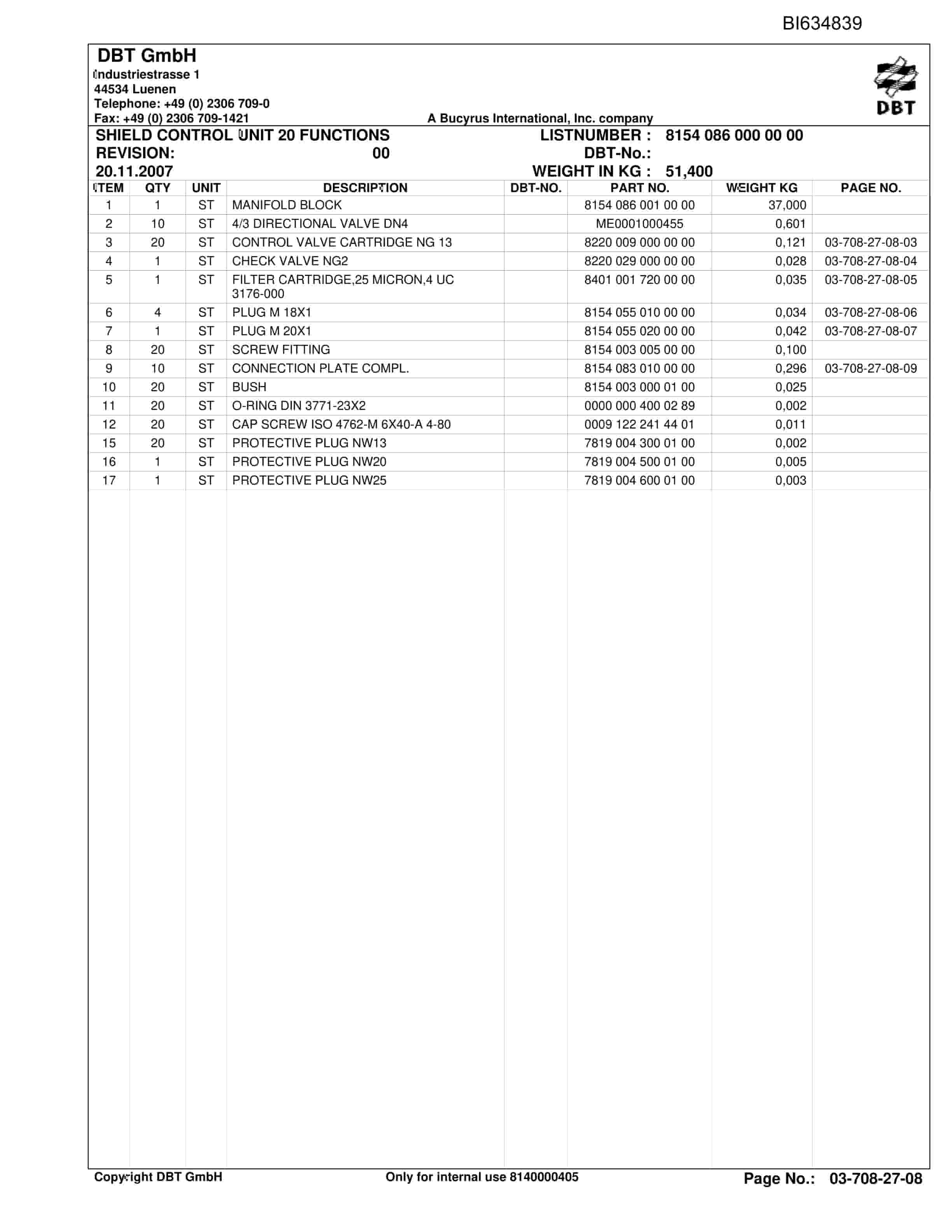 Bucyrus DATONG-TASHAN III, SH-AFC PF 6-1142 Parts Catalog BI634839-5