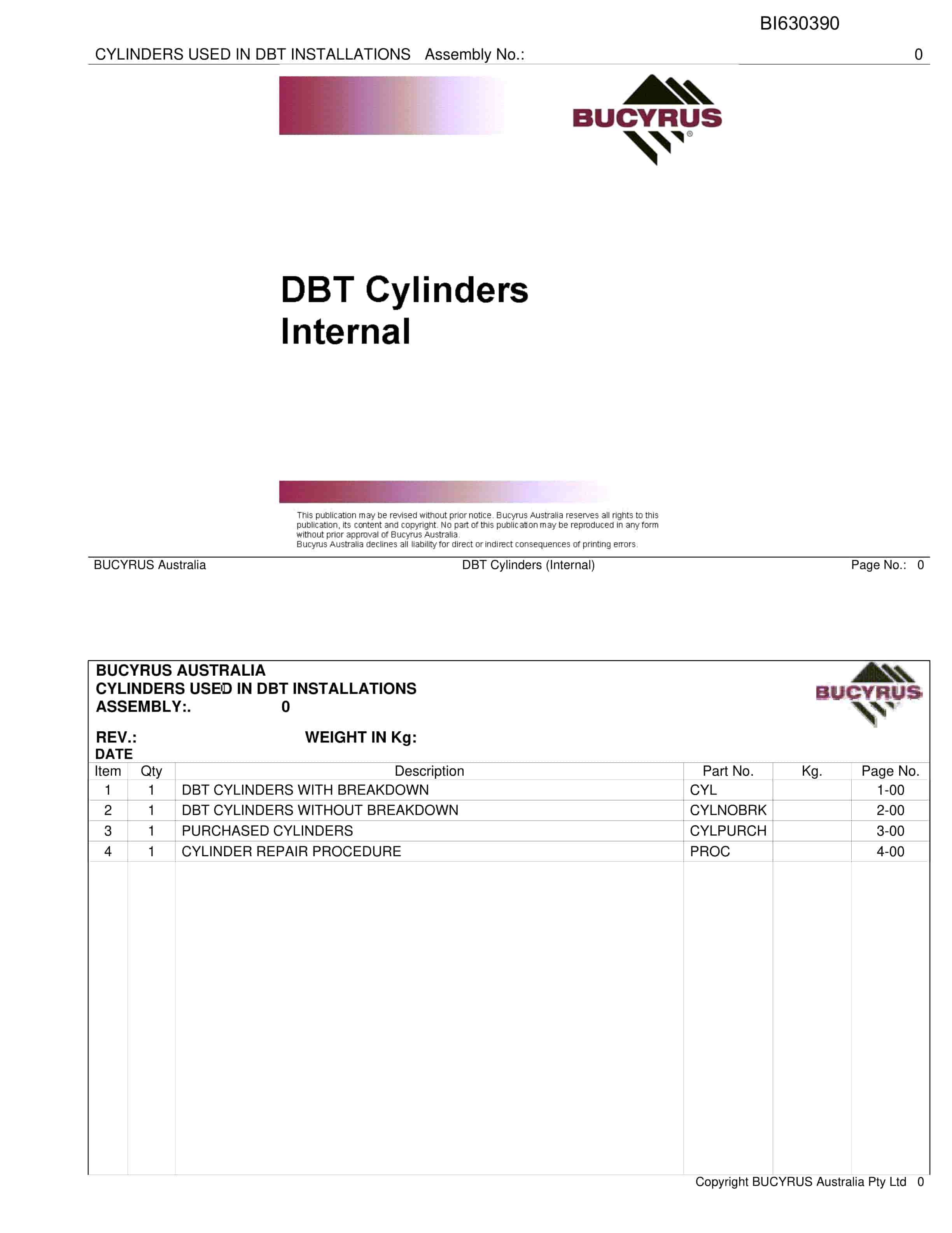 Bucyrus DBT Cylinders Internal Parts Catalog BI630390