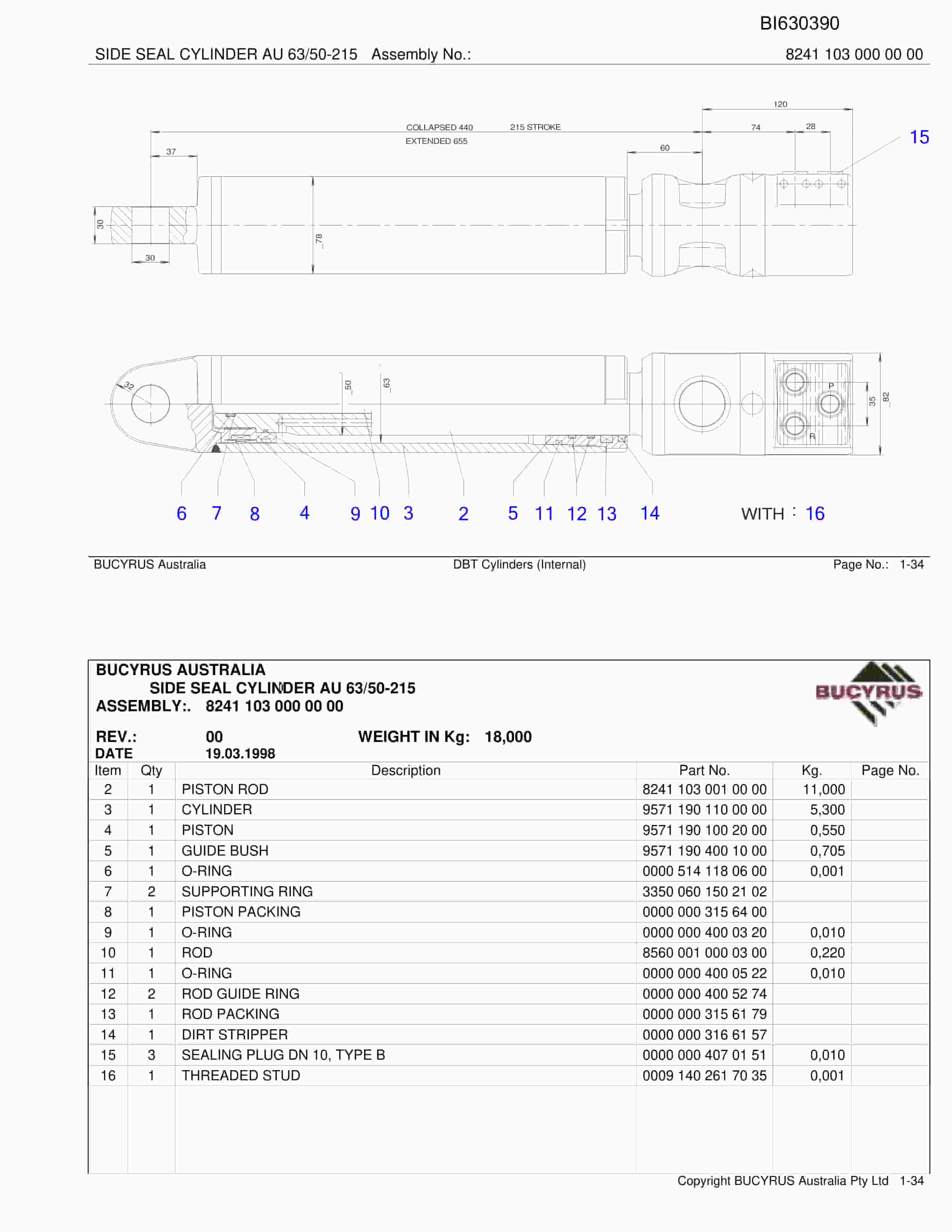 Bucyrus DBT Cylinders Internal Parts Catalog BI630390-2