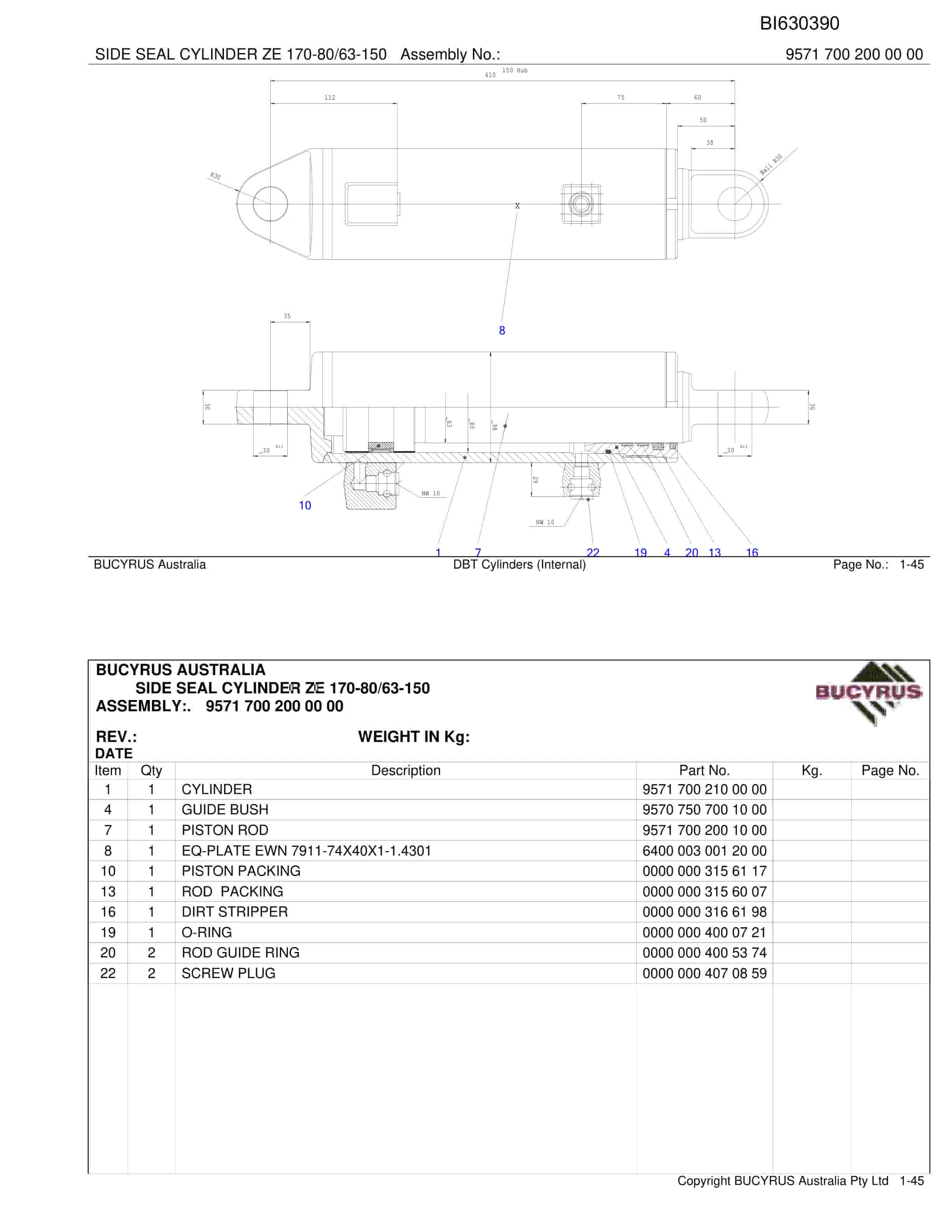 Bucyrus DBT Cylinders Internal Parts Catalog BI630390-3