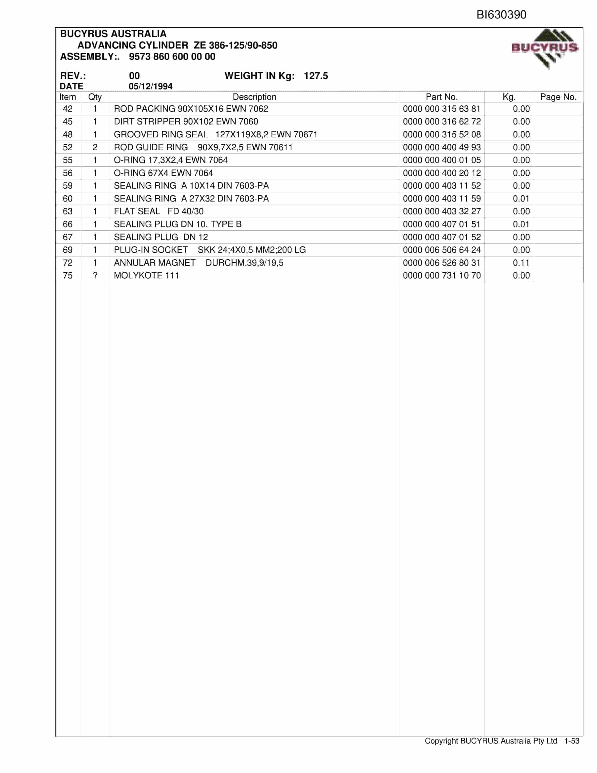 Bucyrus DBT Cylinders Internal Parts Catalog BI630390-4