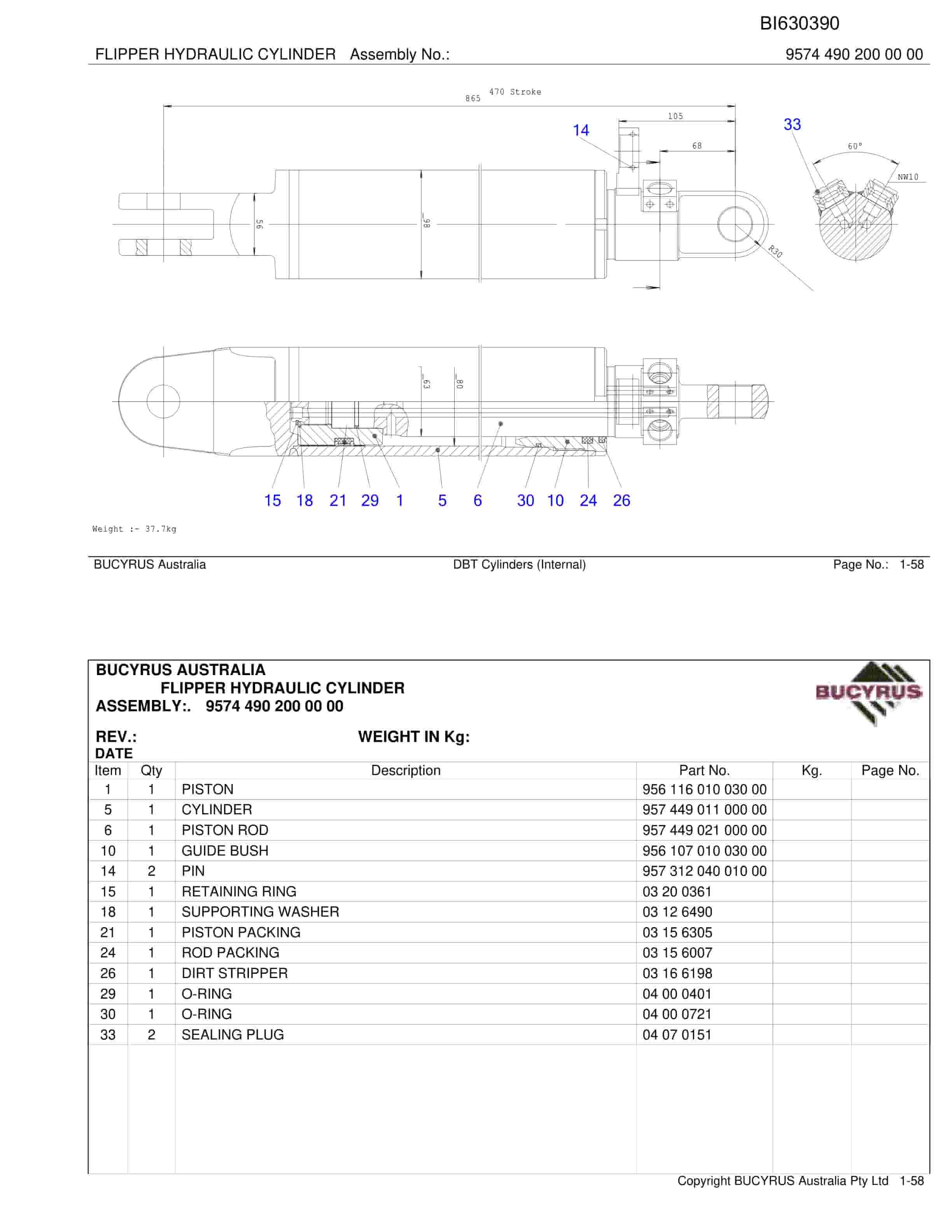 Bucyrus DBT Cylinders Internal Parts Catalog BI630390-5