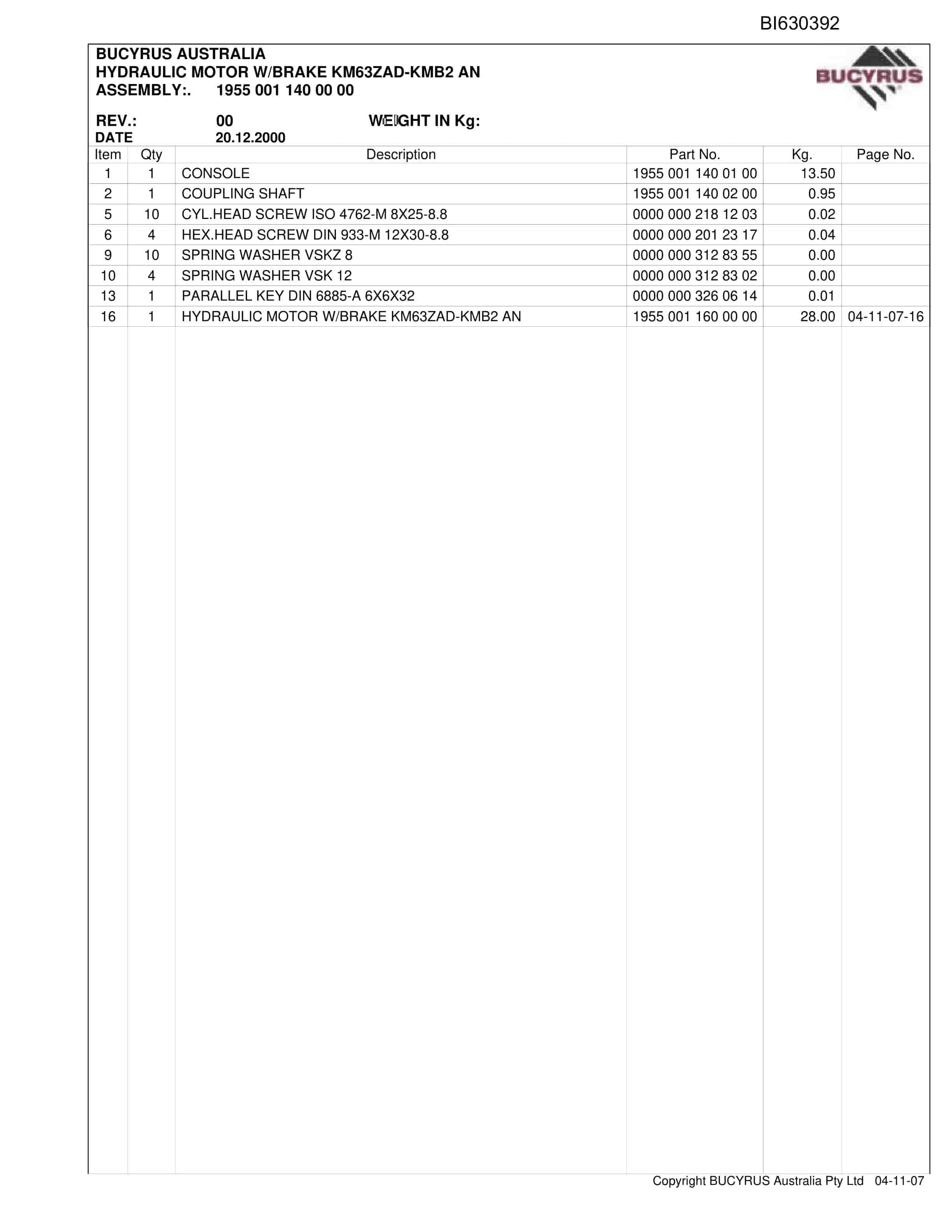 Bucyrus DBT Gearboxes (Internal) Parts Catalog BI630392-3