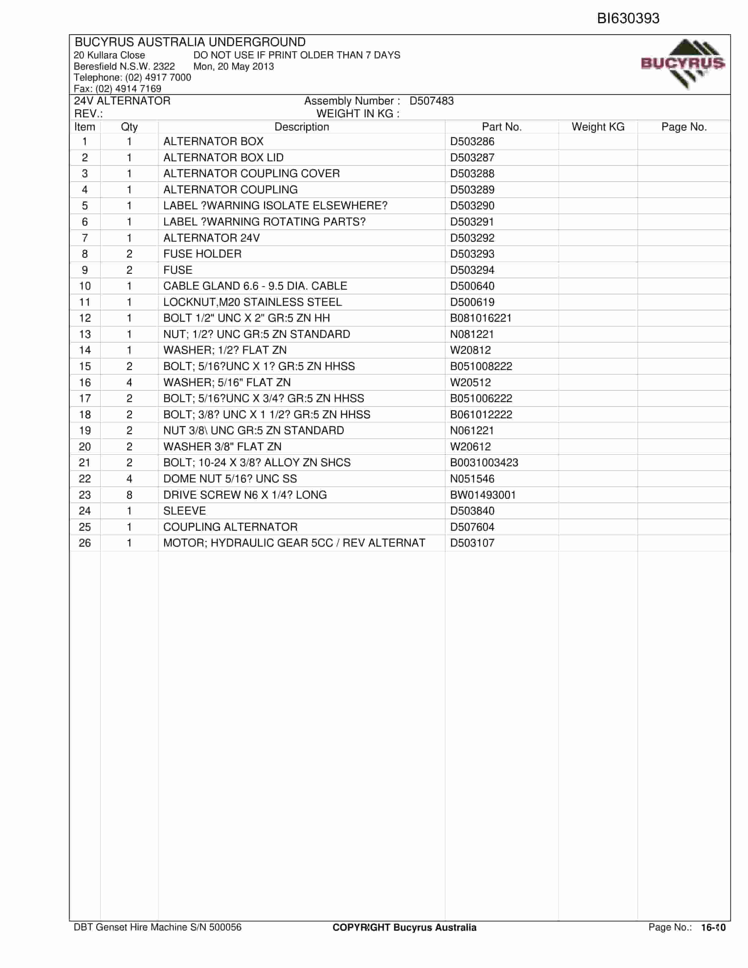 Bucyrus DBT Genset Hire Machine Parts Catalog BI630393-4