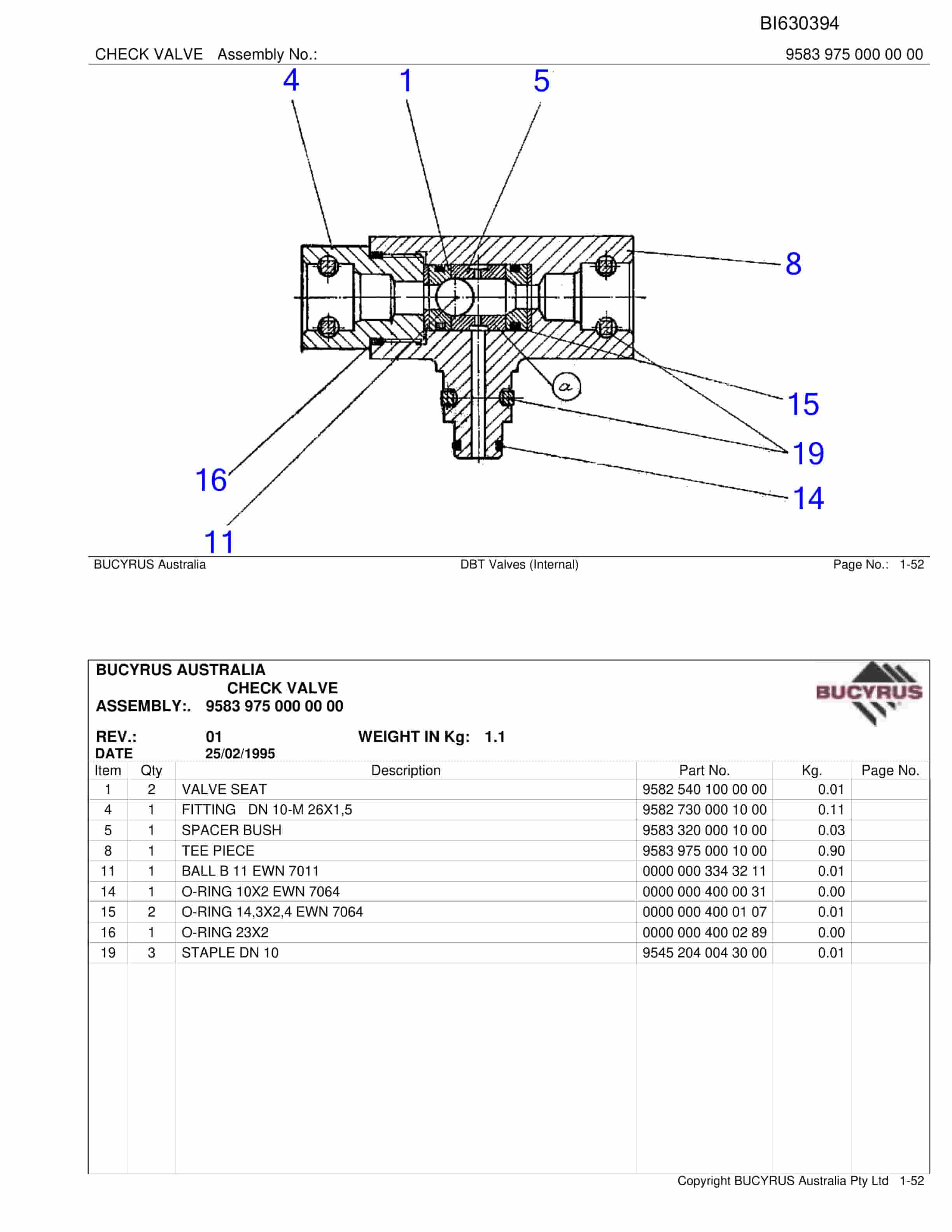 Bucyrus DBT Valves Internal Parts Catalog BI630394-2
