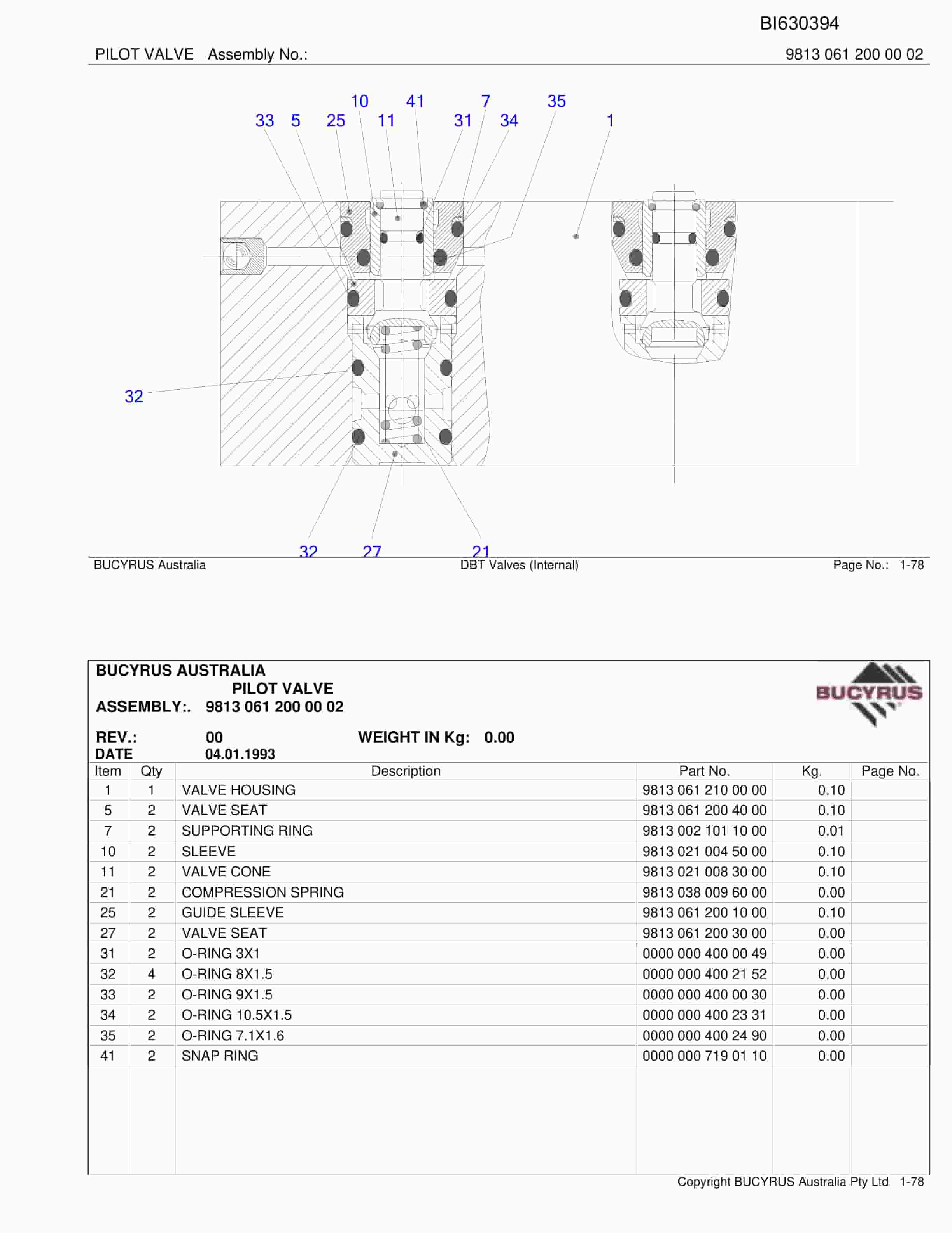 Bucyrus DBT Valves Internal Parts Catalog BI630394-3