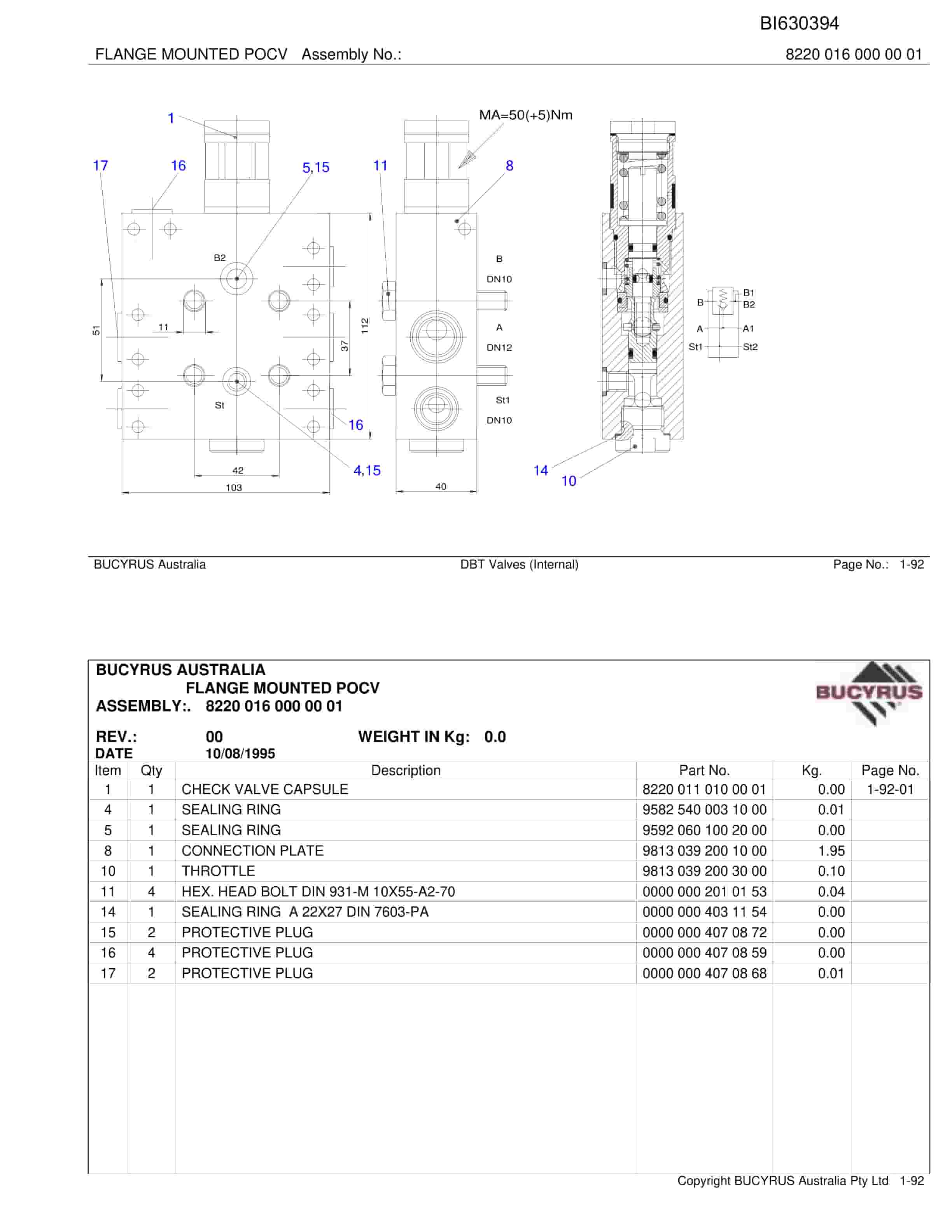 Bucyrus DBT Valves Internal Parts Catalog BI630394-5