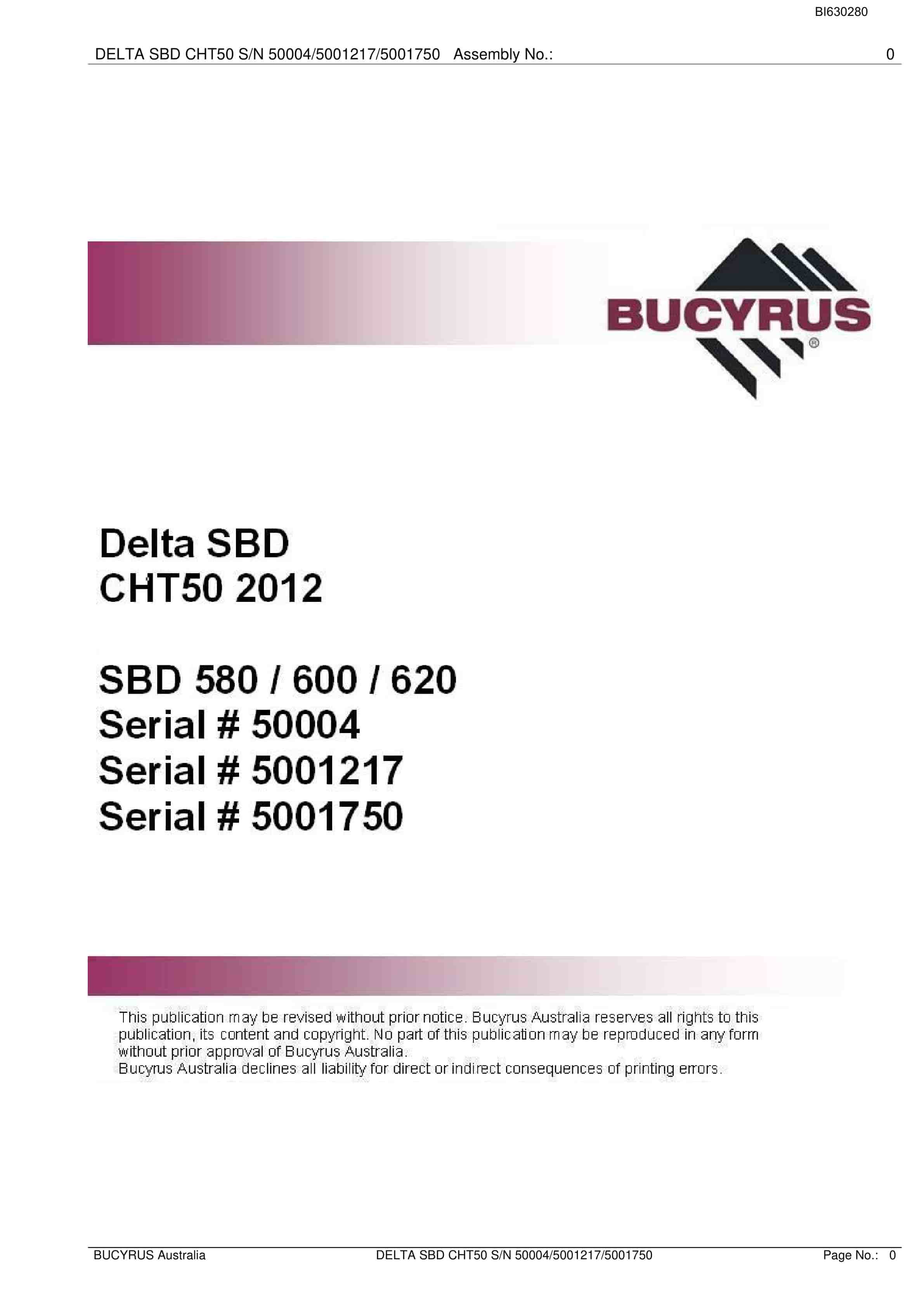 Bucyrus Delta SBD CHT50 2012 Parts Catalog BI630280