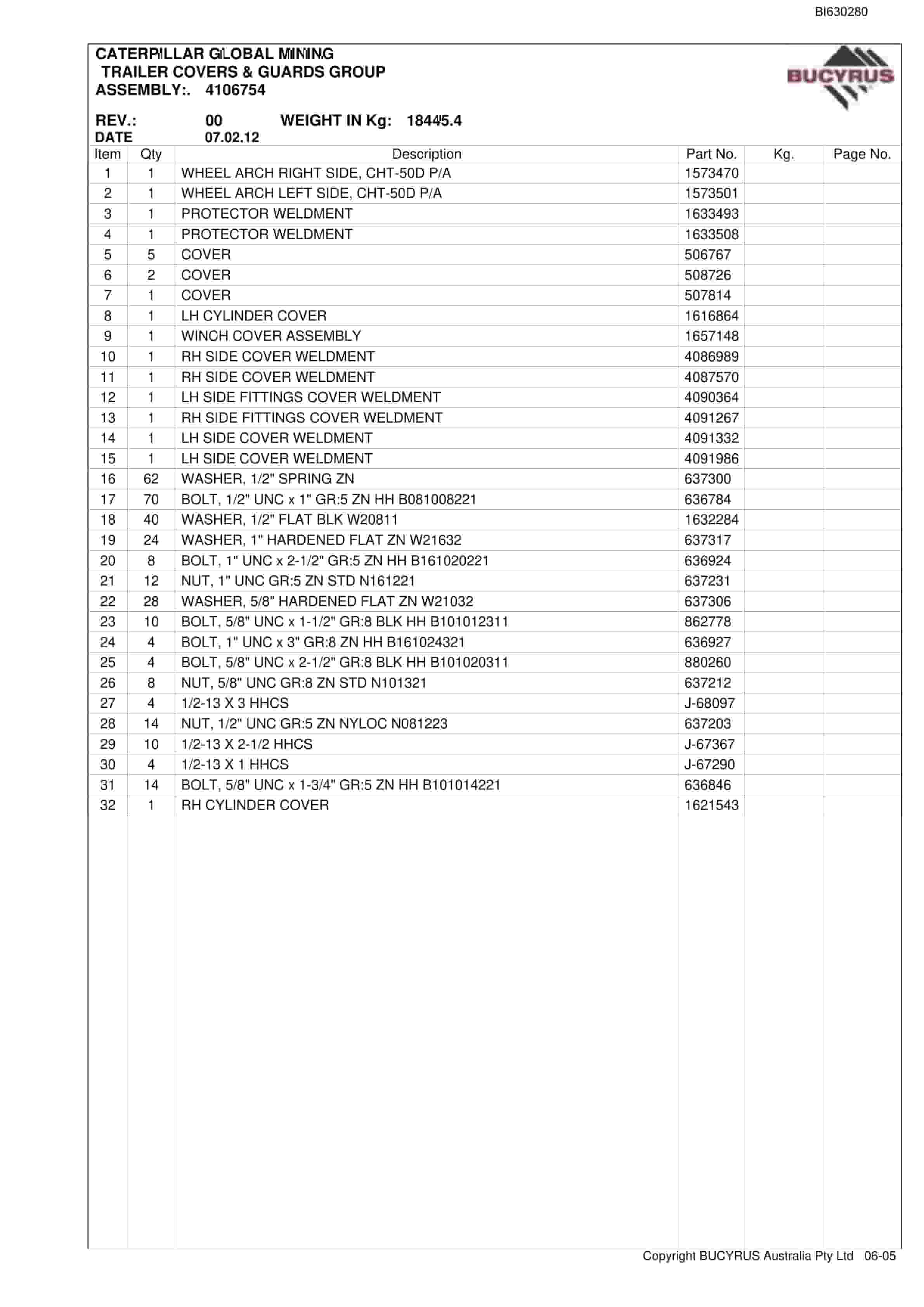 Bucyrus Delta SBD CHT50 2012 Parts Catalog BI630280-5