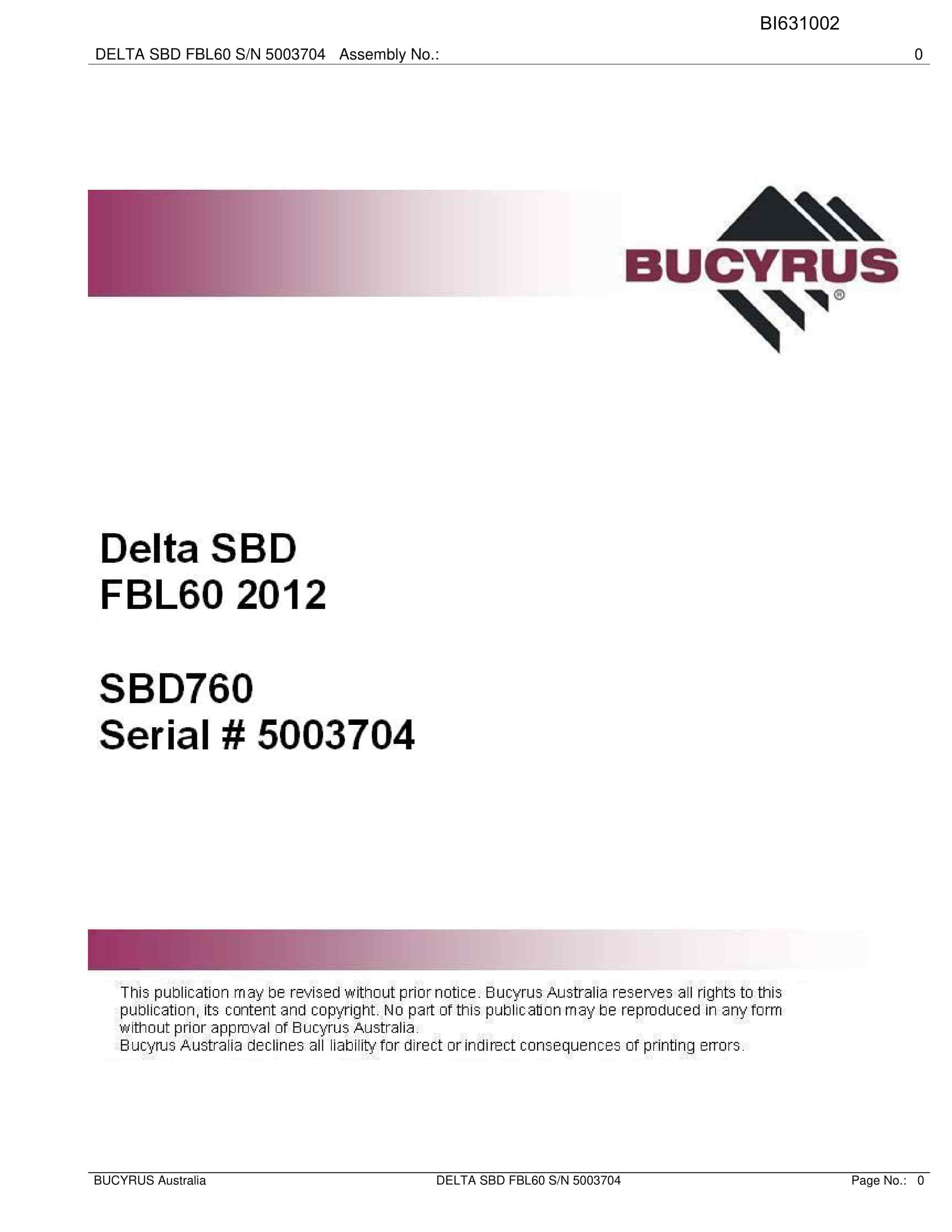 Bucyrus Delta SBD FBL60 2012 Parts Catalog BI631002