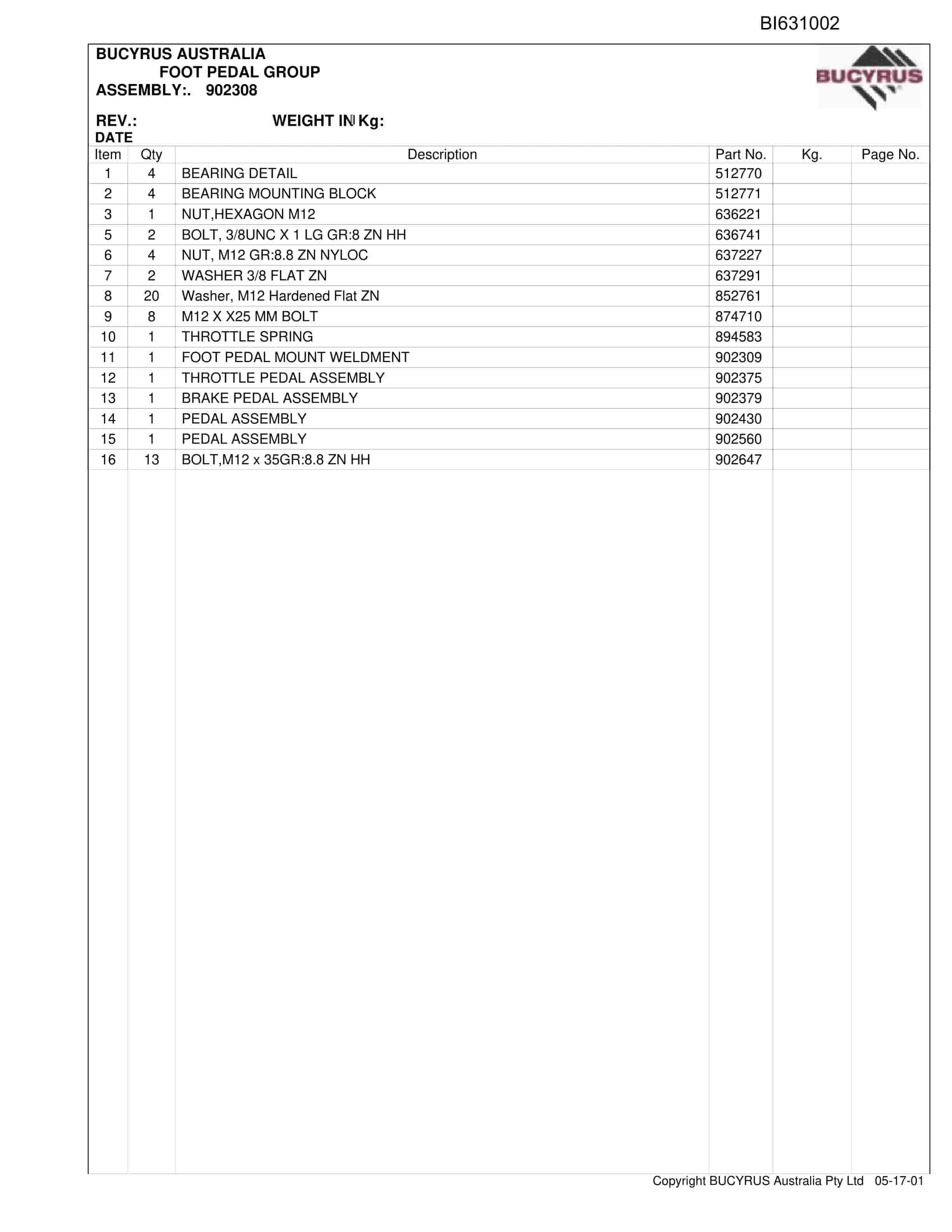 Bucyrus Delta SBD FBL60 2012 Parts Catalog BI631002-4