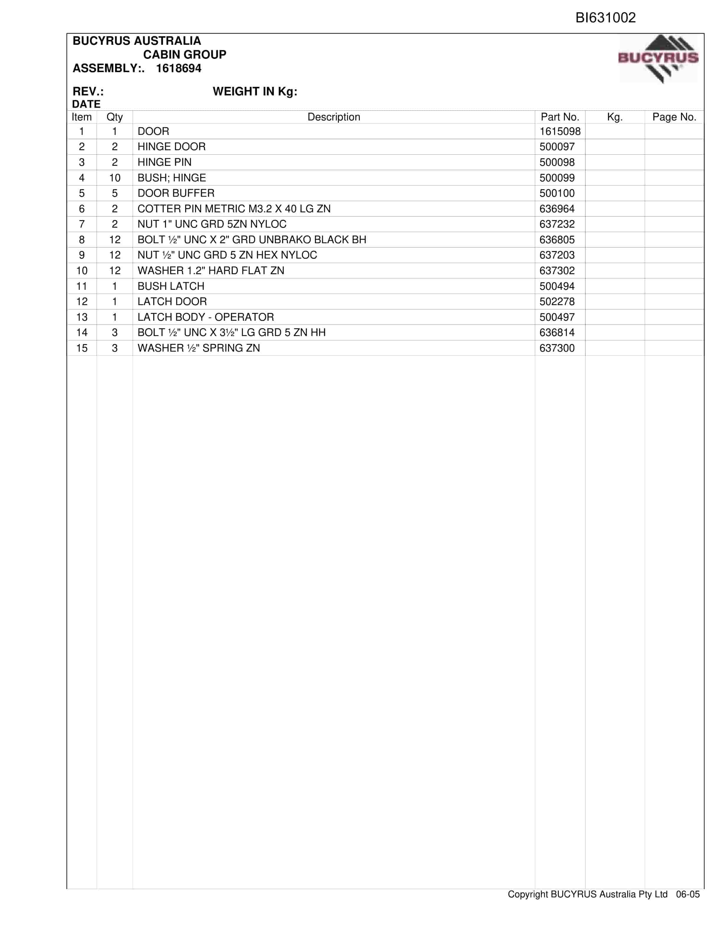 Bucyrus Delta SBD FBL60 2012 Parts Catalog BI631002-5