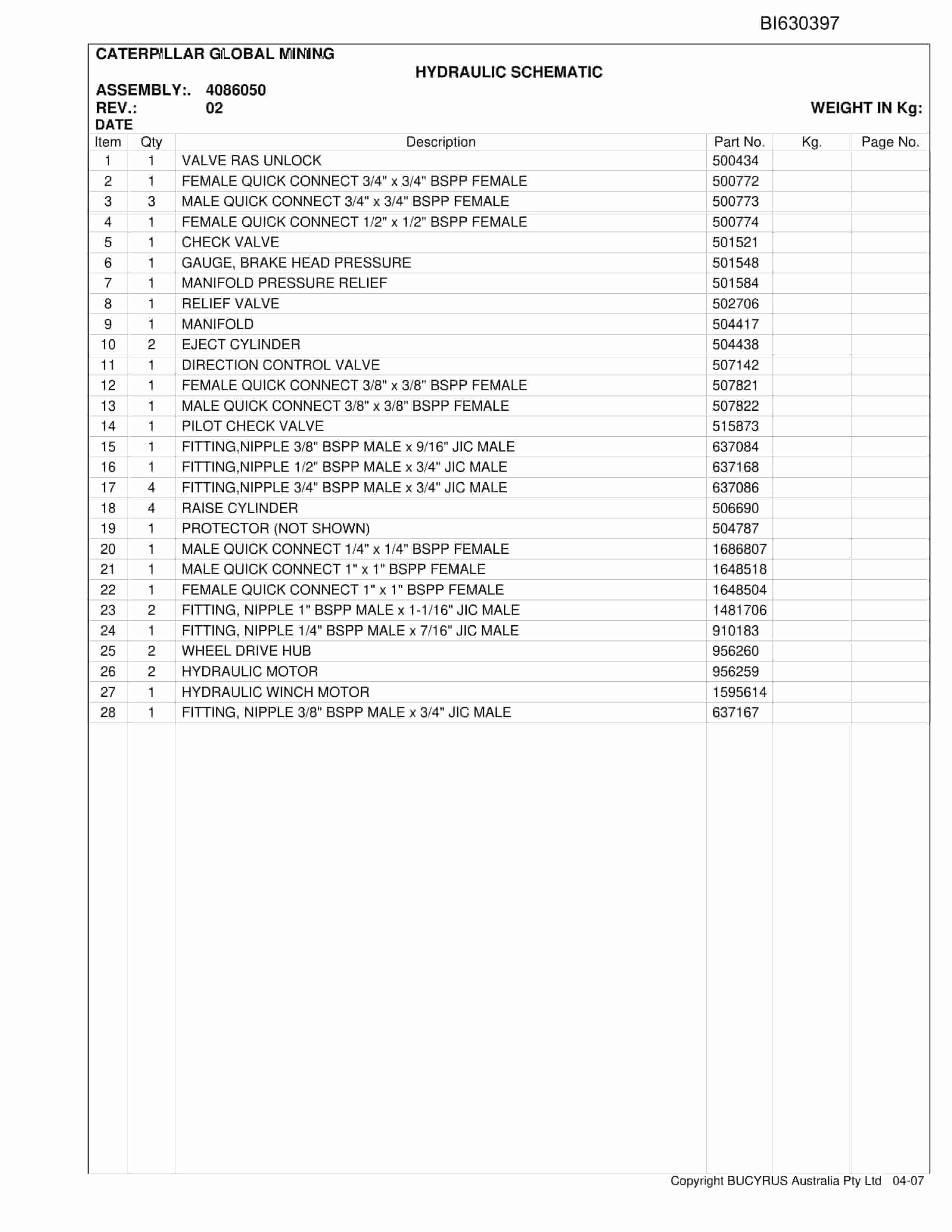 Bucyrus Delta SBD SH150 CHT50 2012 Parts Catalog BI630397-2