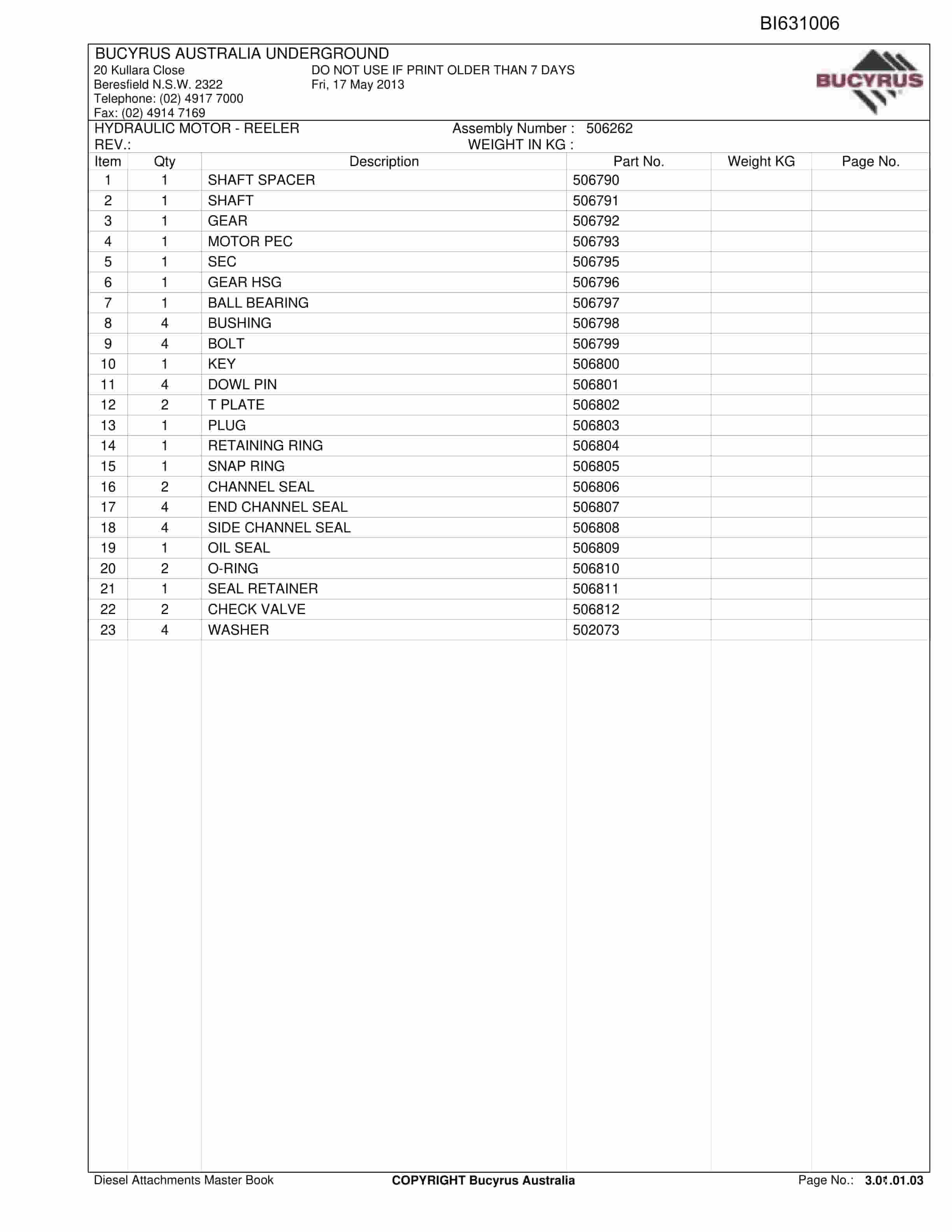 Bucyrus Diesel Attachments Master Book Parts Catalog BI631006-2