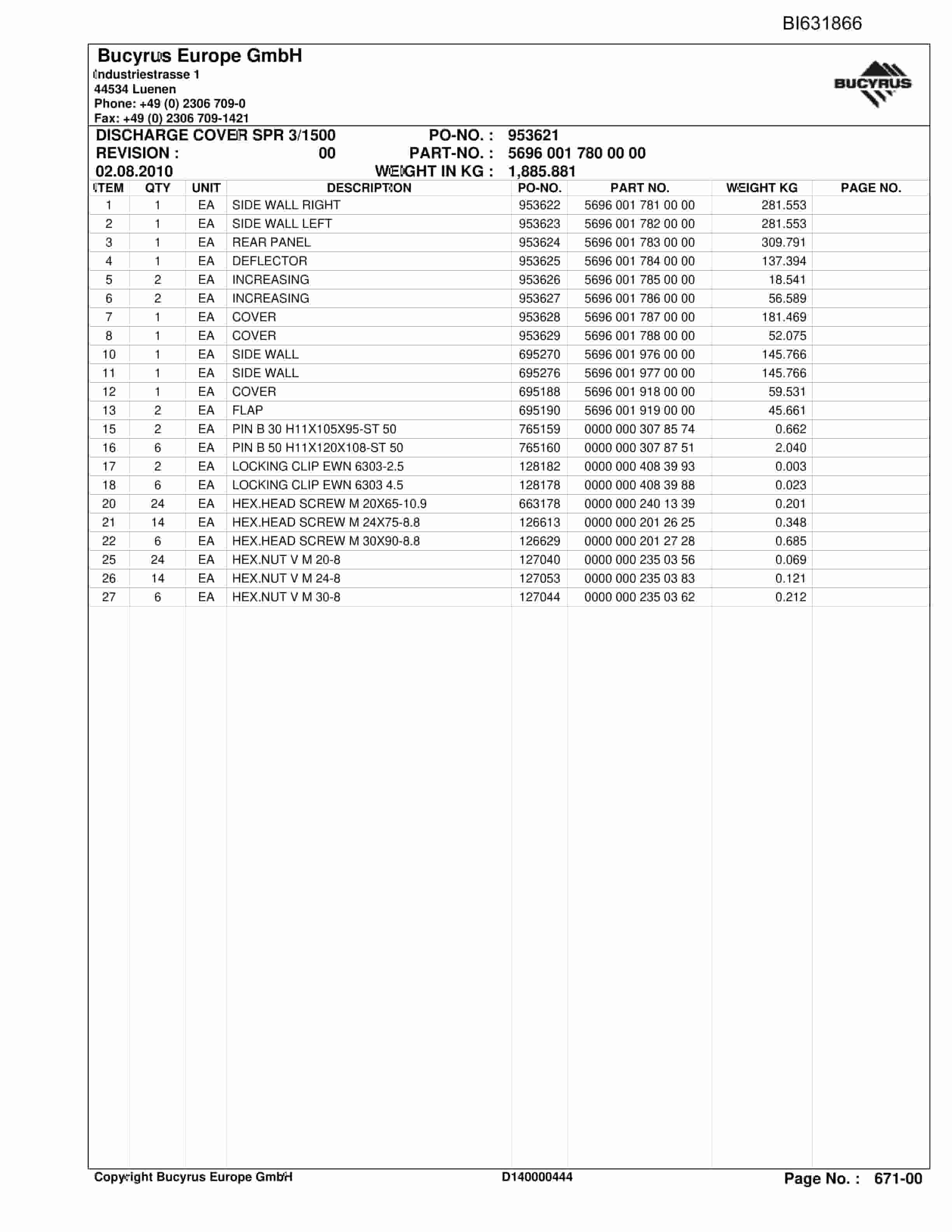 Bucyrus DONGZHOUJAO Stationary BSL Parts Catalog BI631866-5