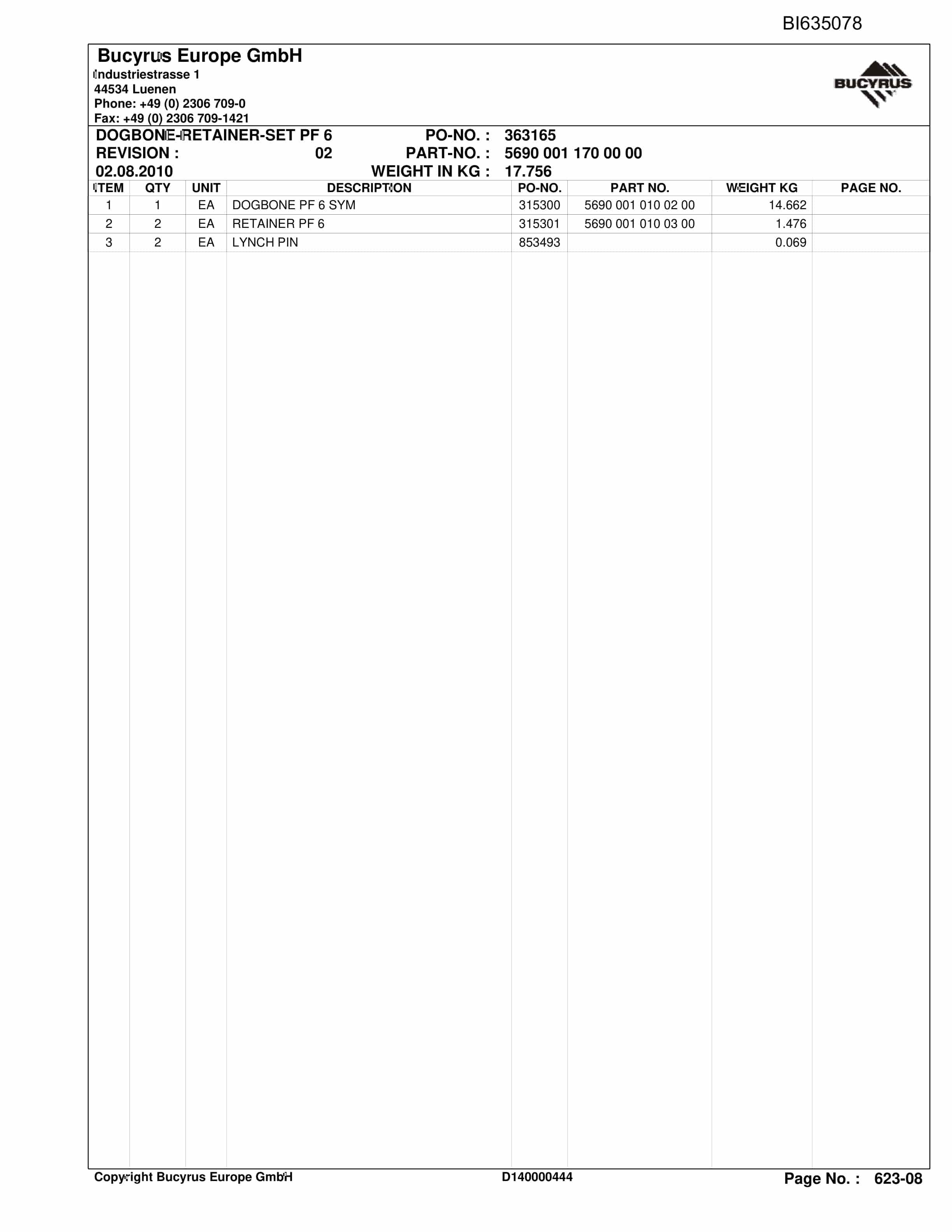 Bucyrus DONGZHOUJAO Stationary BSL Parts Catalog BI635078-3