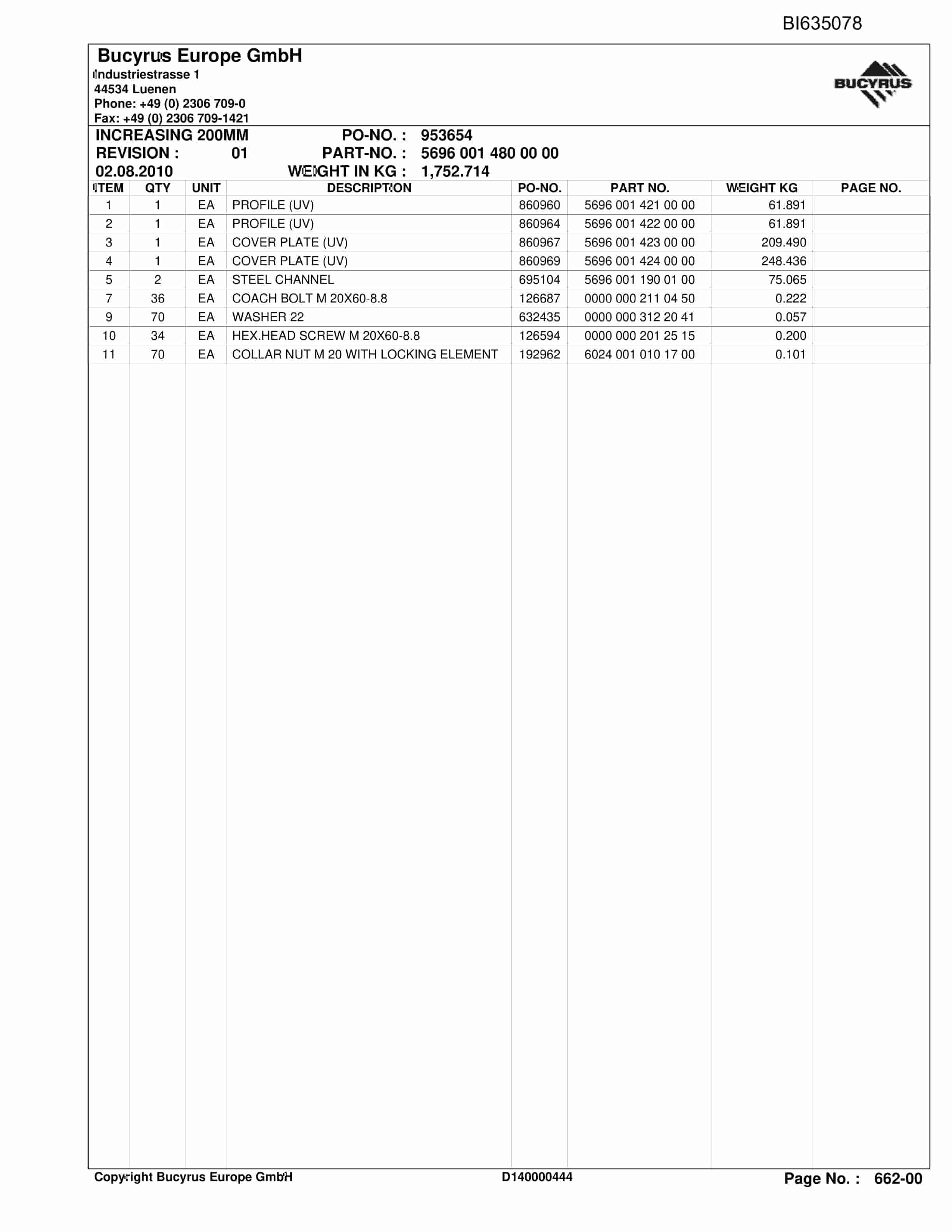 Bucyrus DONGZHOUJAO Stationary BSL Parts Catalog BI635078-4
