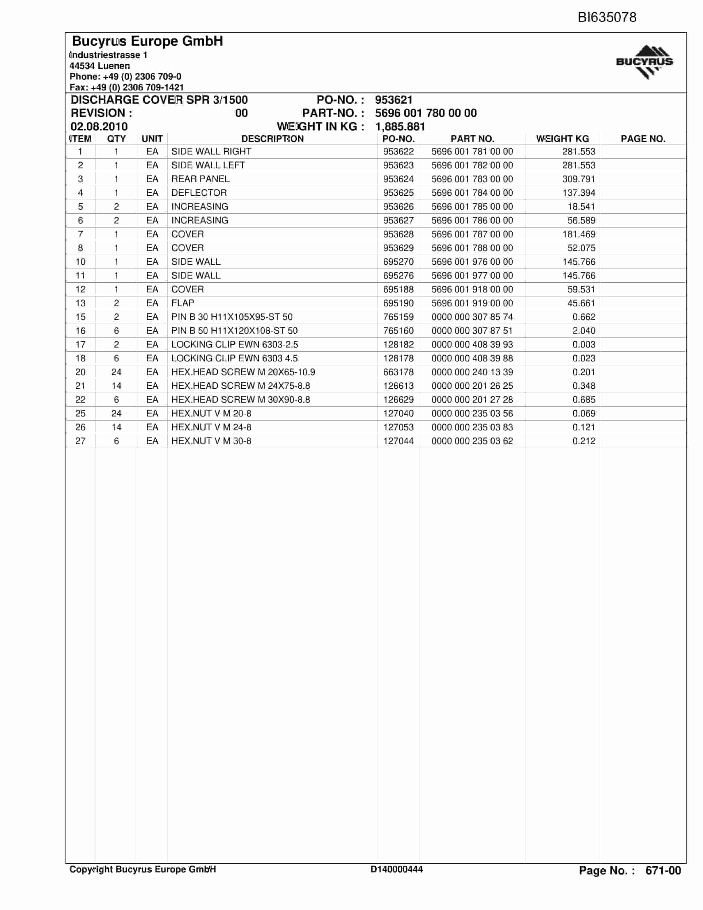 Bucyrus DONGZHOUJAO Stationary BSL Parts Catalog BI635078-5