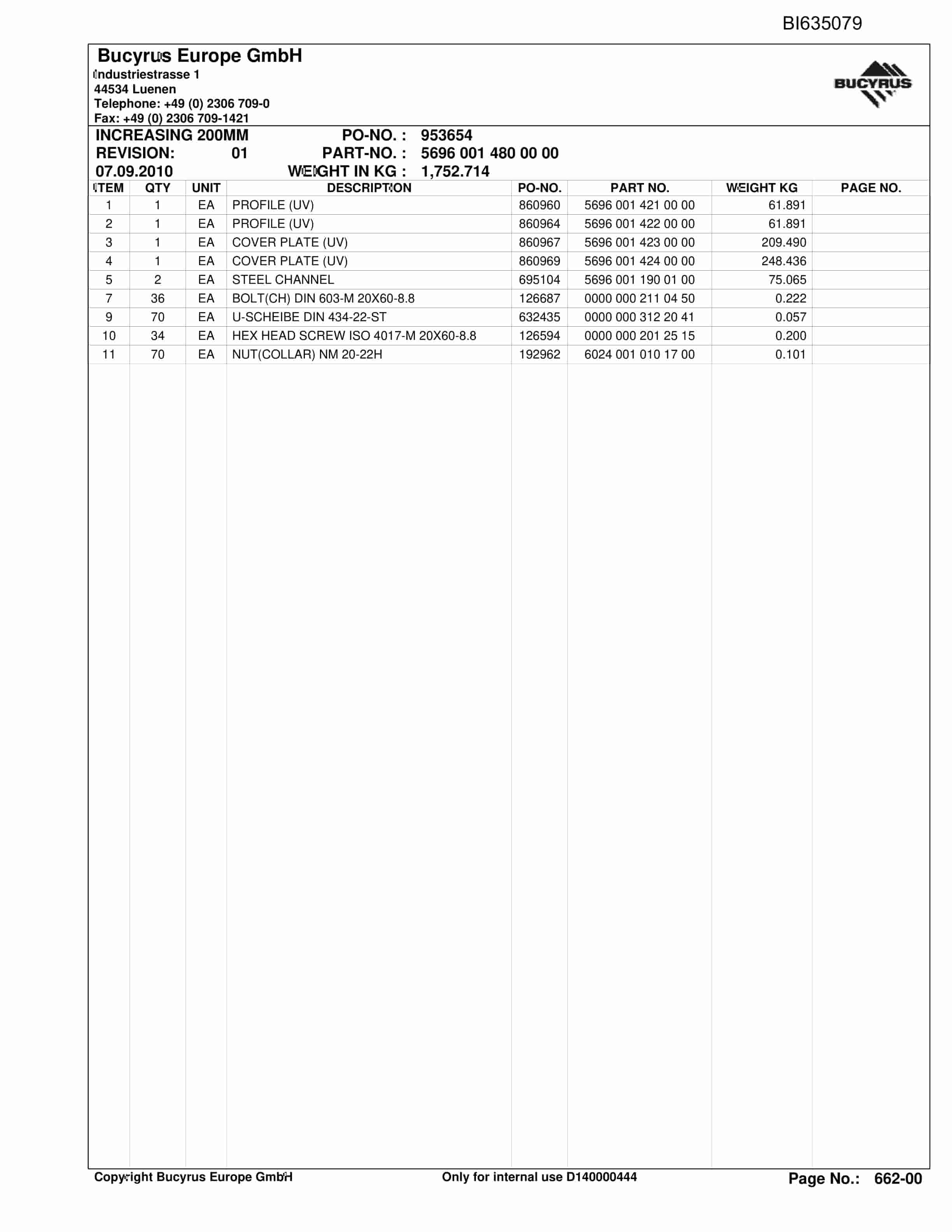 Bucyrus DONGZHOUJAO Stationary BSL Parts Catalog BI635079-5