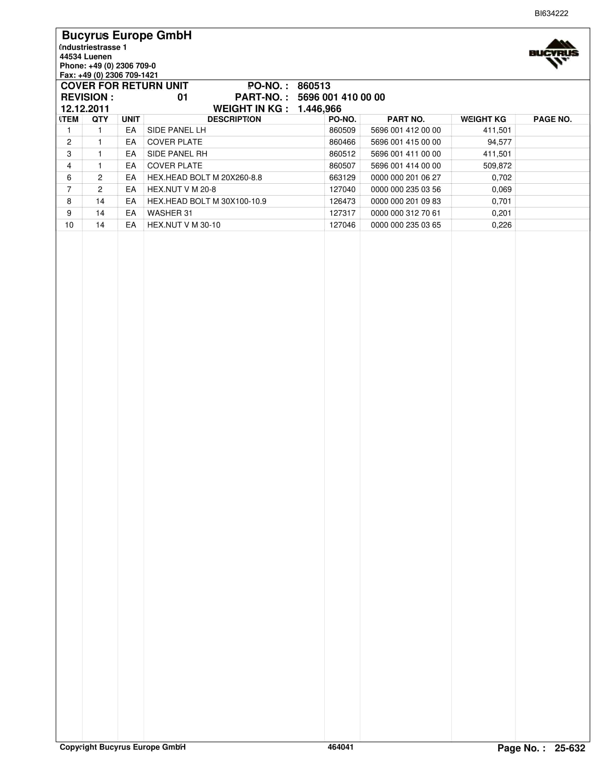 Bucyrus DONGZHOUYAO II SBSL Parts Catalog BI634222-4