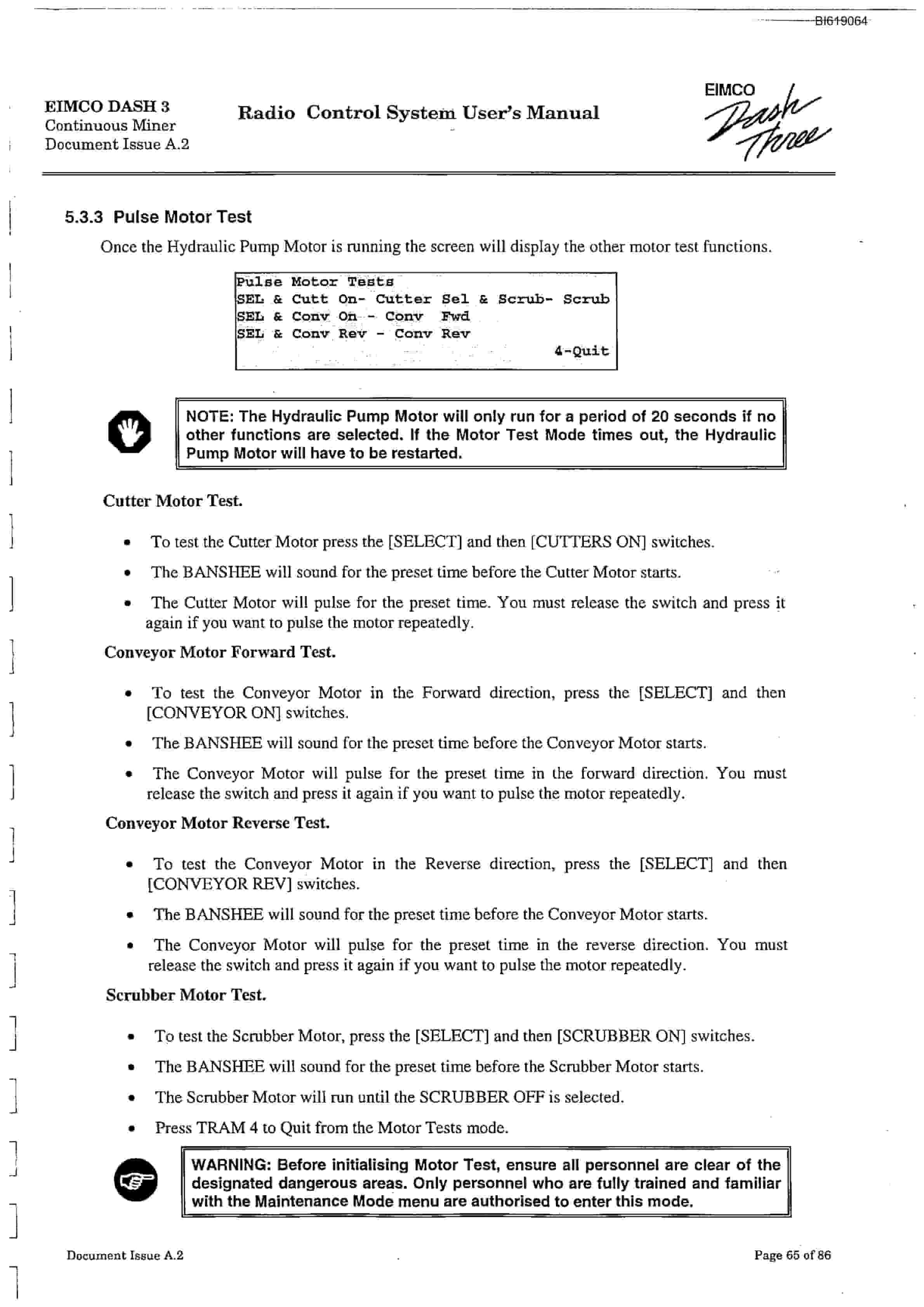 Bucyrus Eimco Dash 3 Miner Technical Manual BI619064-3