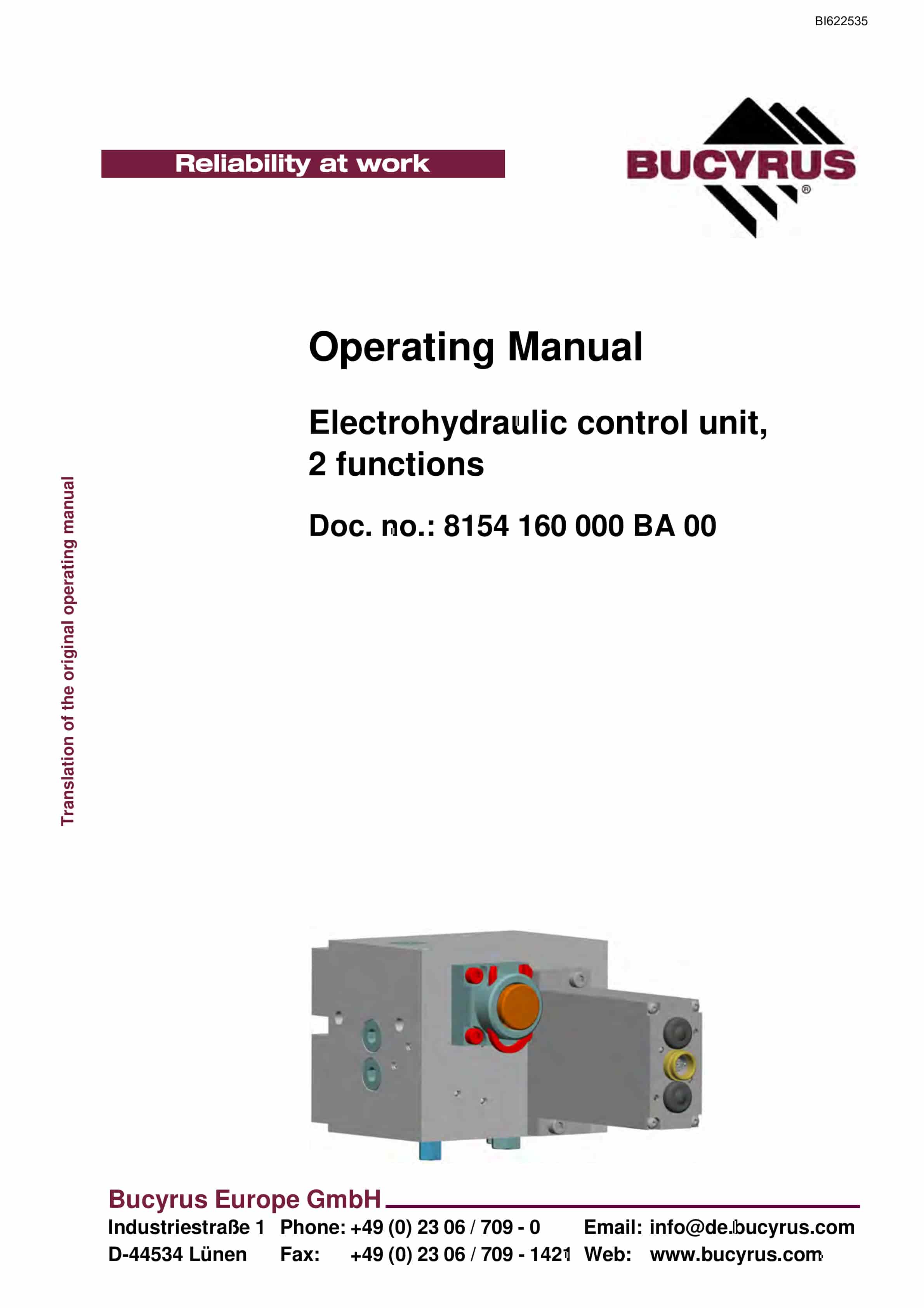 Bucyrus Electrohydraulic Control Unit, 2 Functions Operating Manual BI622535