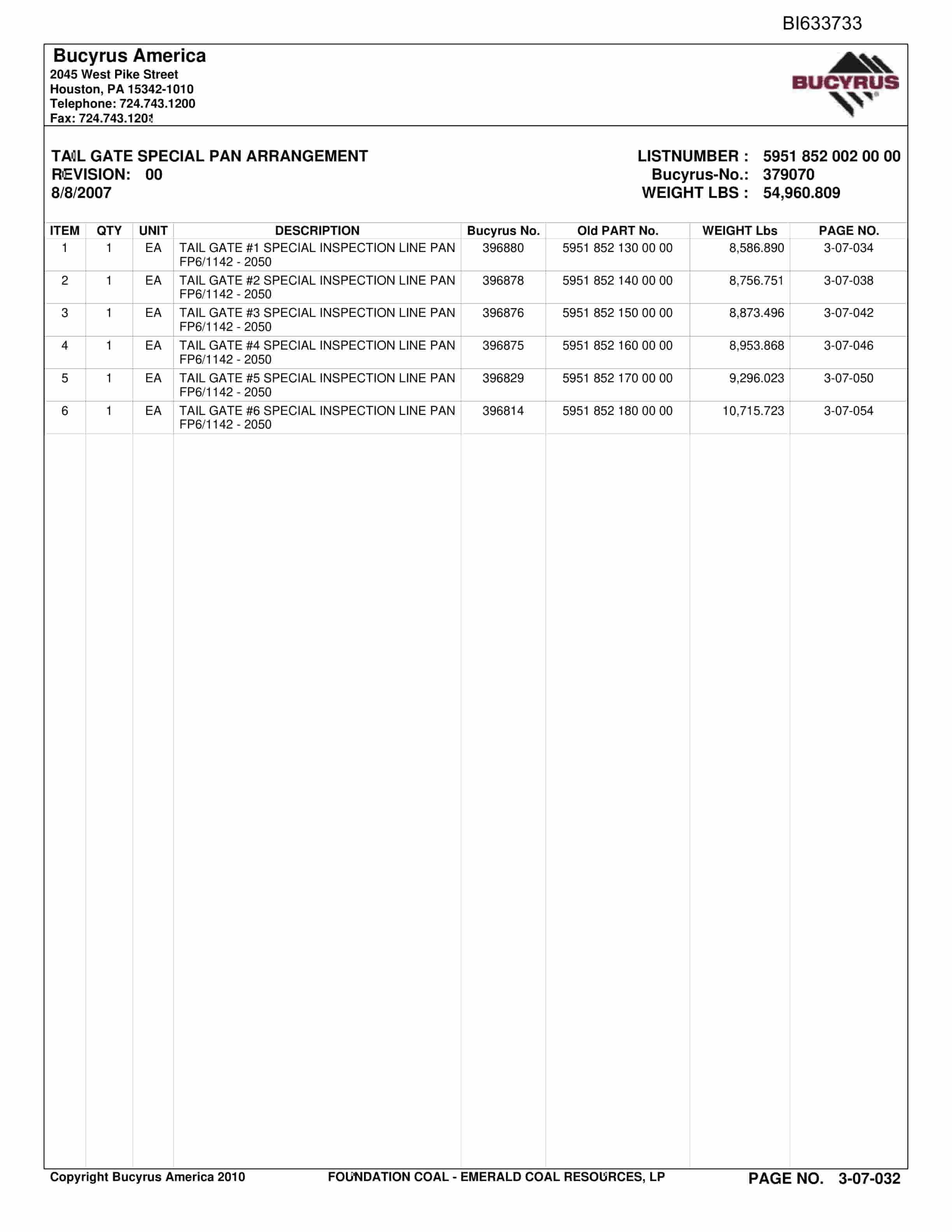 Bucyrus Emerald Coal Resources Parts Catalog BI633733-2